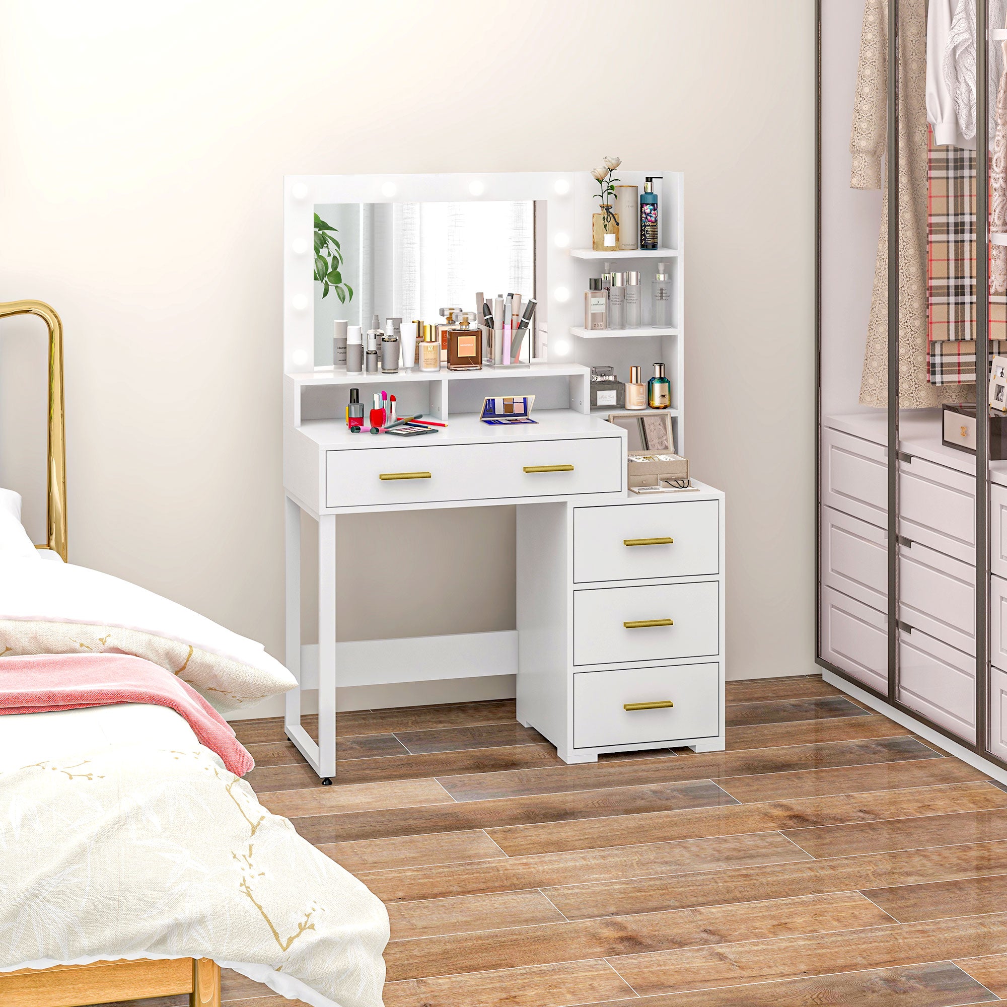 Coiffeuse avec miroir et 9 lumières LED, table de maquillage style moderne - 4 tiroirs et 6 compartiments ouverts, coiffeuse pour chambre à coucher, salon, 100 x 40 x 138 cm, blanc
