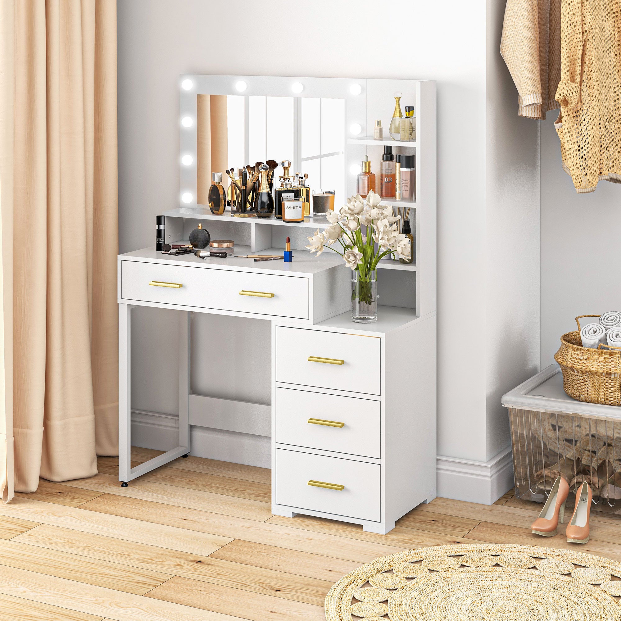 Coiffeuse avec miroir et 9 lumières LED, table de maquillage style moderne - 4 tiroirs et 6 compartiments ouverts, coiffeuse pour chambre à coucher, salon, 100 x 40 x 138 cm, blanc