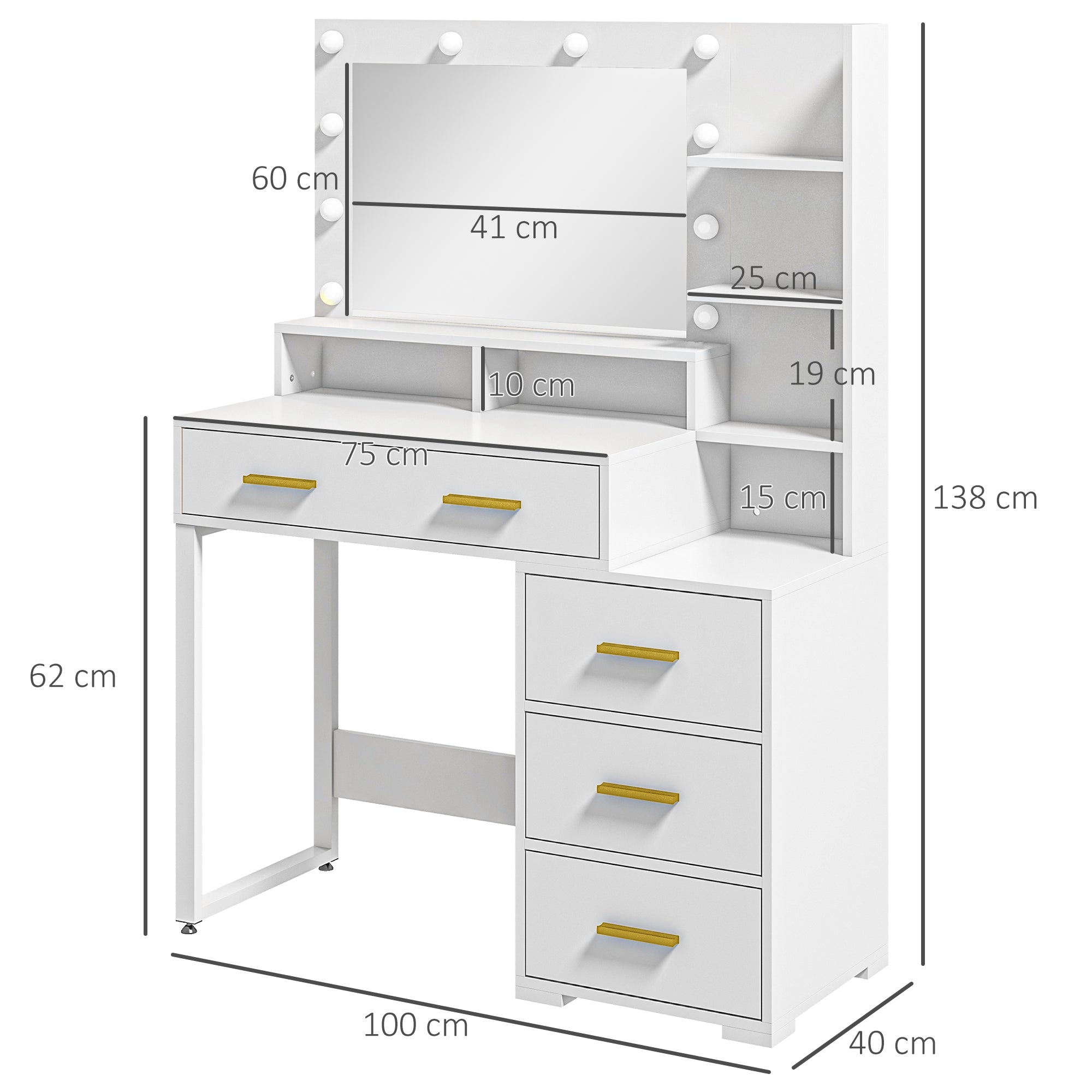 Coiffeuse avec miroir et 9 lumières LED, table de maquillage style moderne - 4 tiroirs et 6 compartiments ouverts, coiffeuse pour chambre à coucher, salon, 100 x 40 x 138 cm, blanc