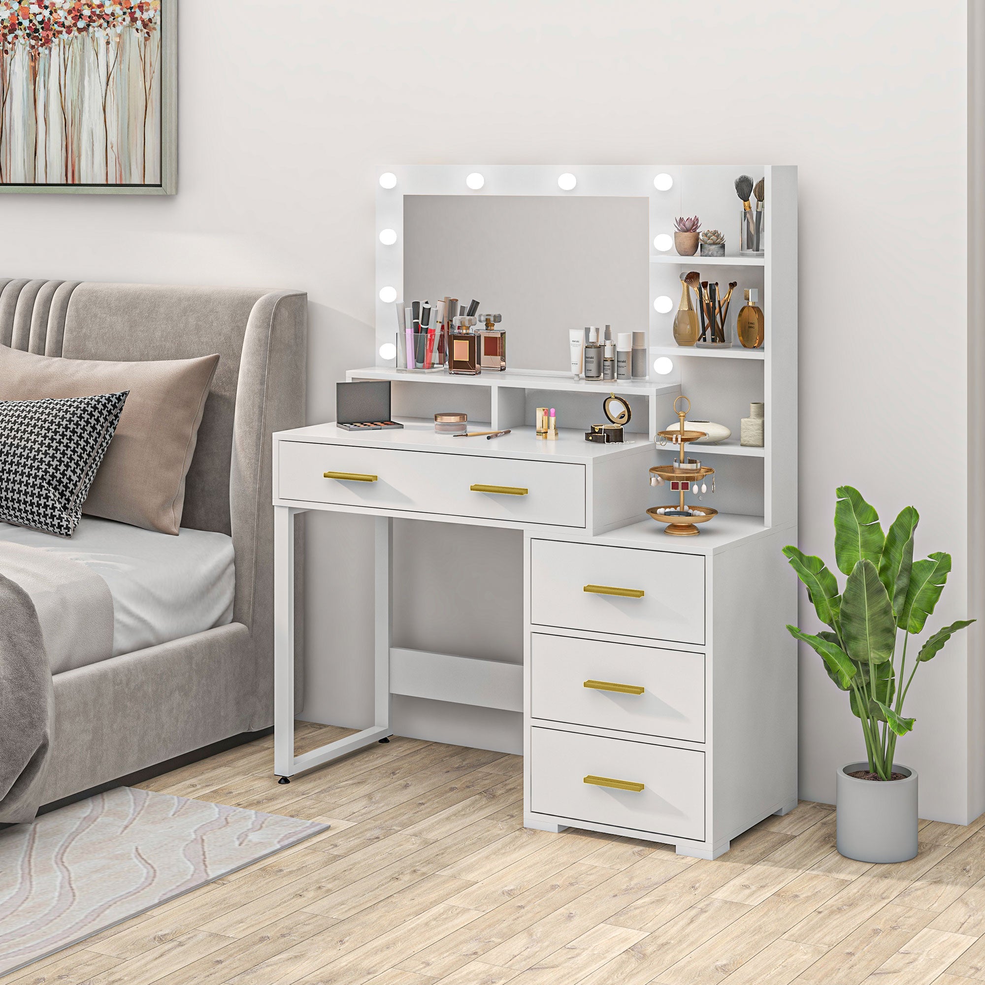 Coiffeuse avec miroir et 9 lumières LED, table de maquillage style moderne - 4 tiroirs et 6 compartiments ouverts, coiffeuse pour chambre à coucher, salon, 100 x 40 x 138 cm, blanc