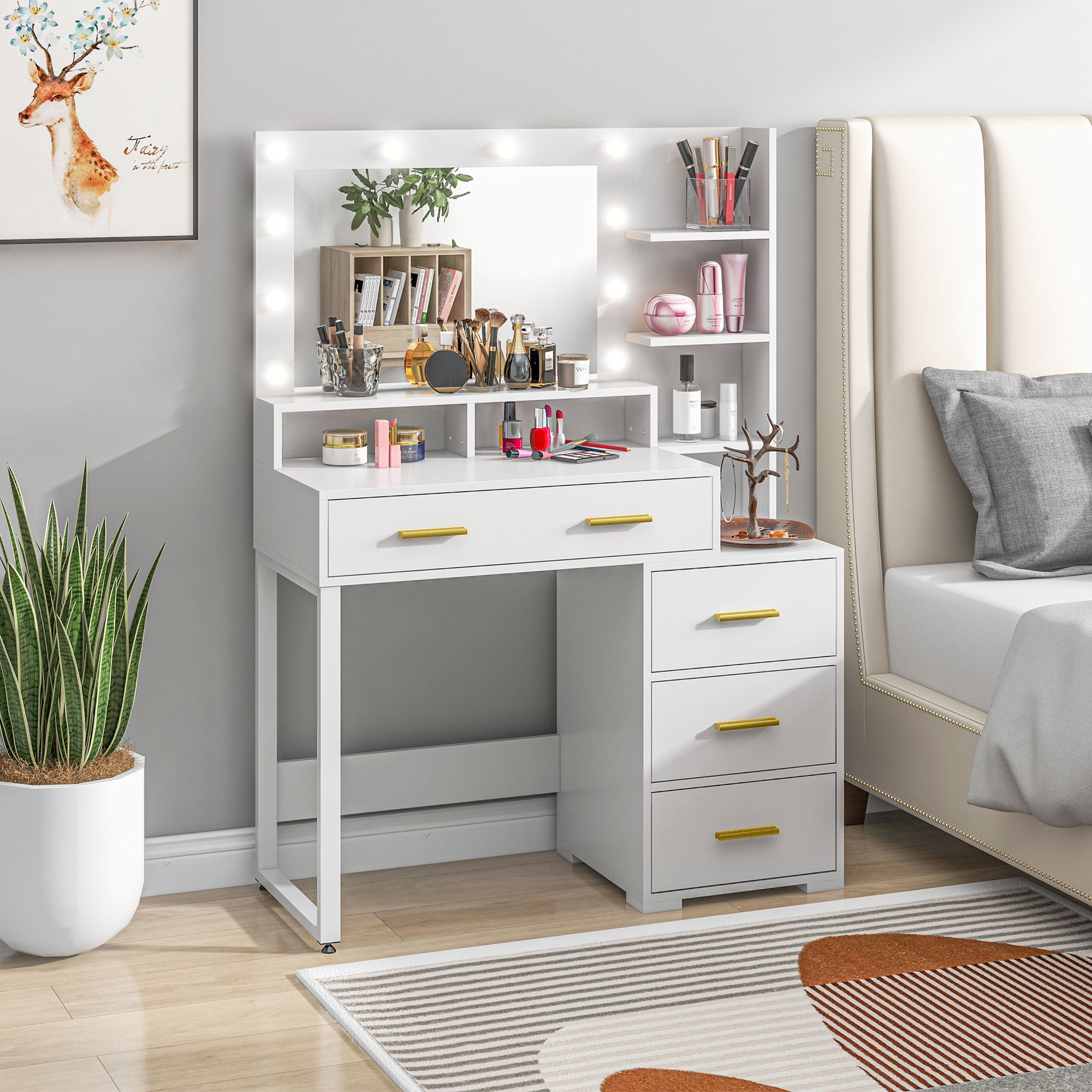Coiffeuse avec miroir et 9 lumières LED, table de maquillage style moderne - 4 tiroirs et 6 compartiments ouverts, coiffeuse pour chambre à coucher, salon, 100 x 40 x 138 cm, blanc