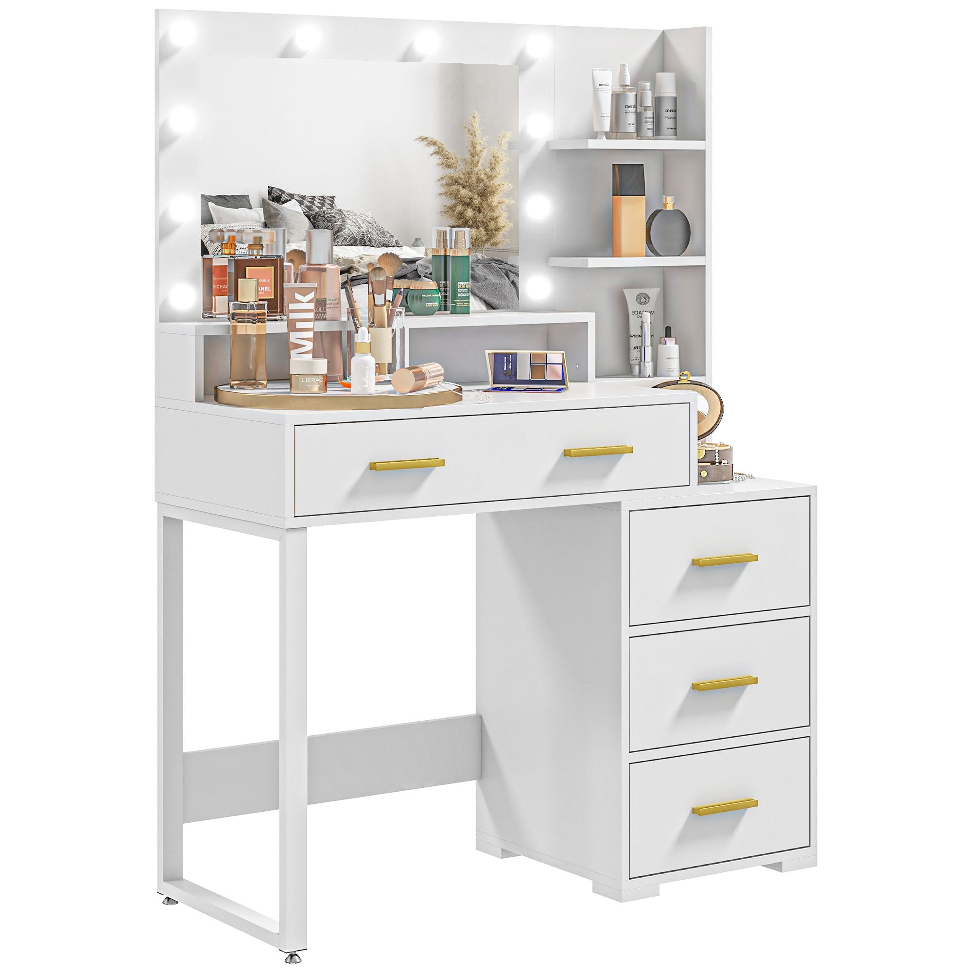 Coiffeuse avec miroir et 9 lumières LED, table de maquillage style moderne - 4 tiroirs et 6 compartiments ouverts, coiffeuse pour chambre à coucher, salon, 100 x 40 x 138 cm, blanc