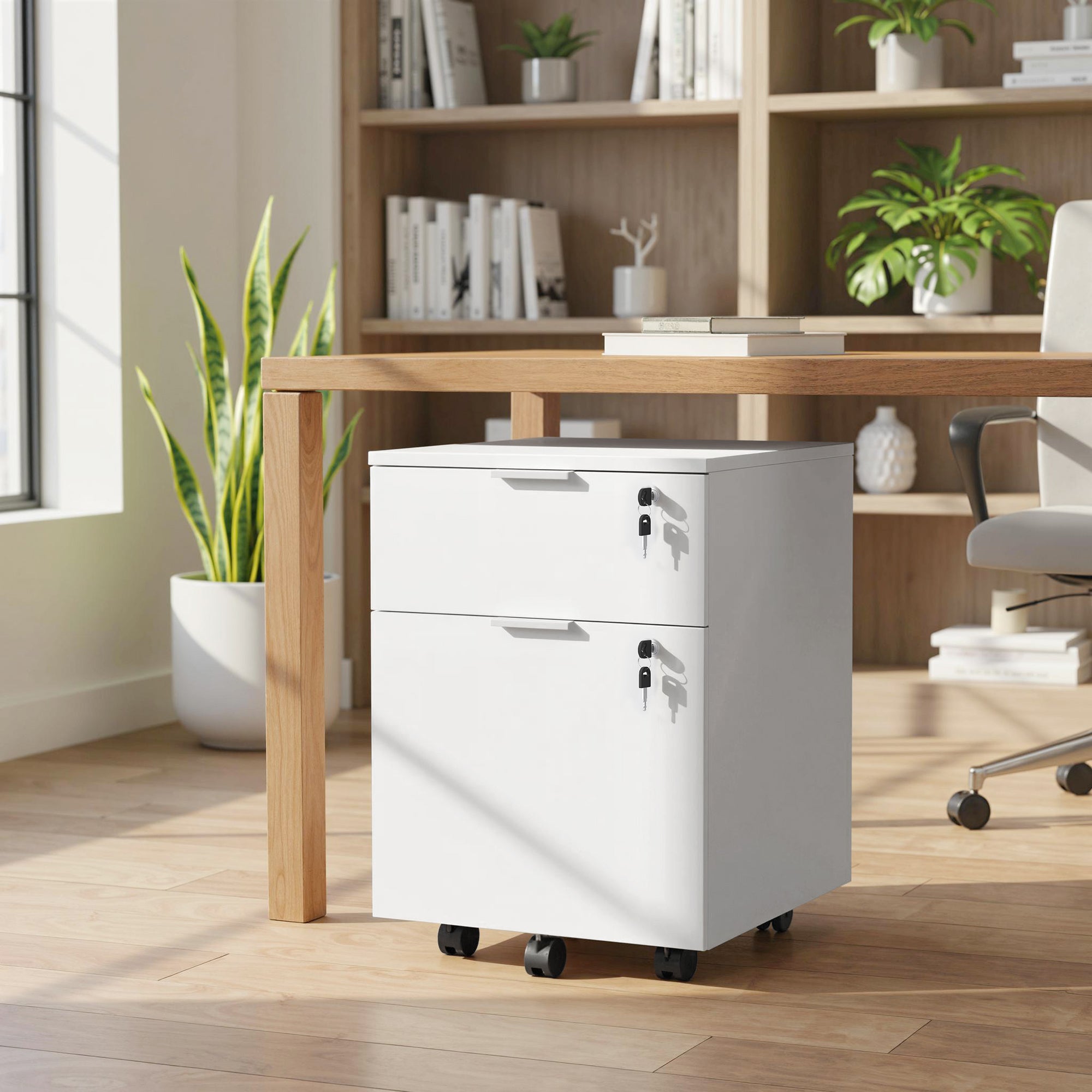 Caisson de bureau, meuble de rangement 2 tiroirs 2 barres de suspension dossier suspendu, verrouillable 2 clés, 4 roulettes 42x40x60 cm blanc