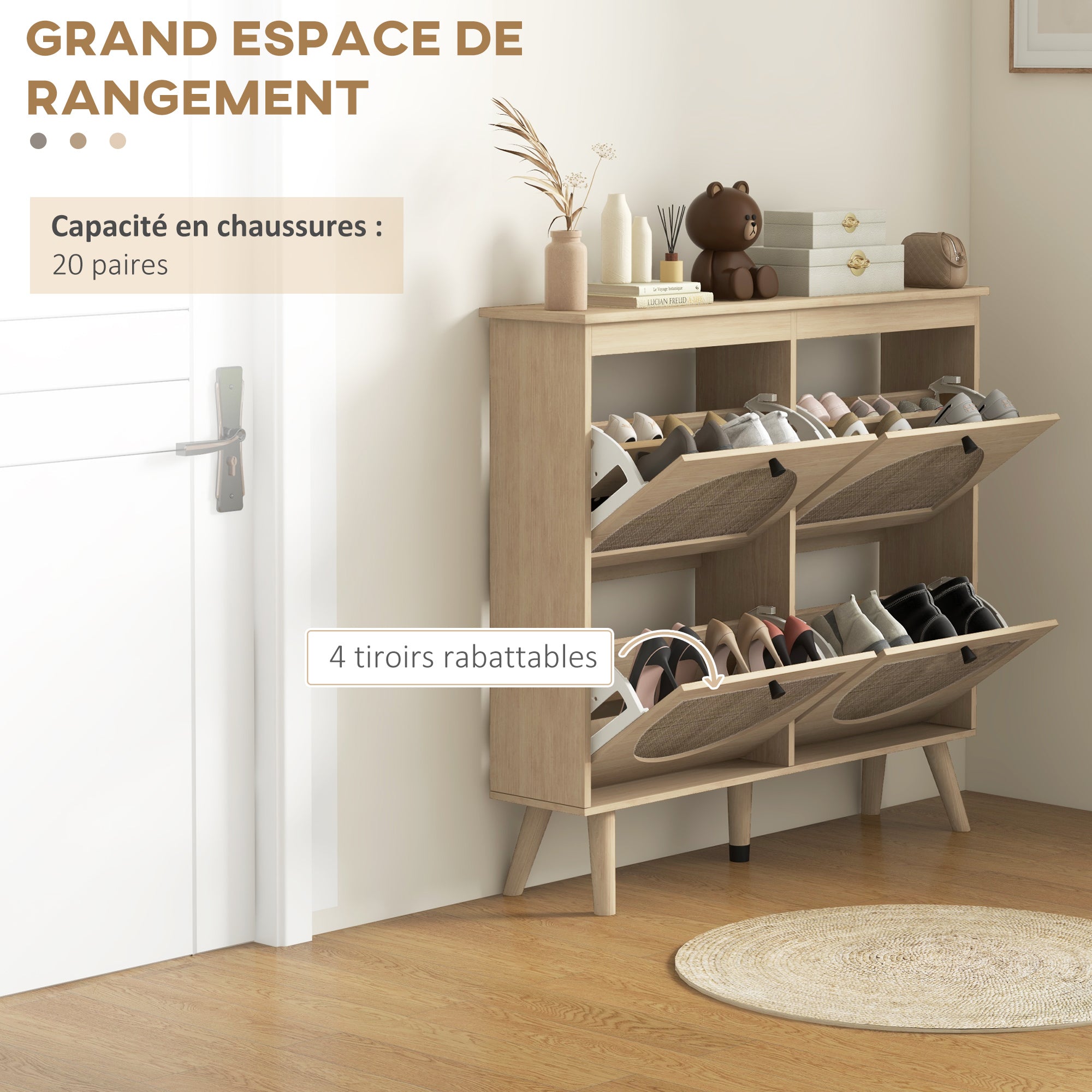 Meuble à chaussures armoire à chaussures 4 abattants 20 paires avec étagère réglable style bohème pieds en bois massif 105 x 24 x 97,5 cm naturel
