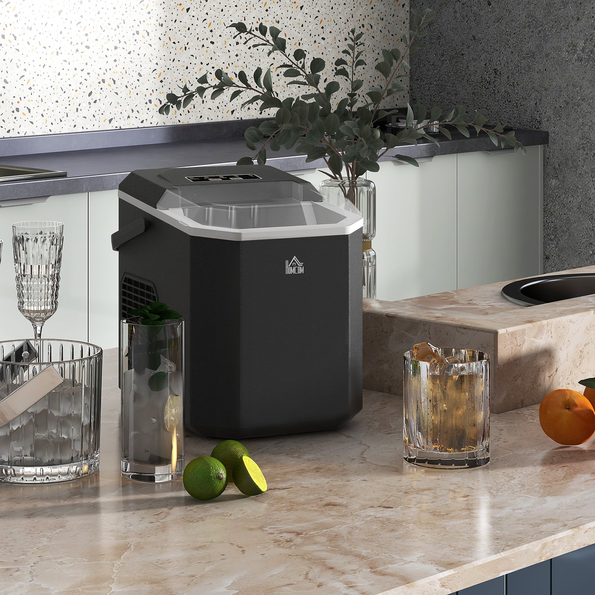 Machine à glaçons autonettoyante, 12kg en 24h, 9 glaçons en 6-13 minutes, ice maker Portable Avec Poignée, panier et pelle, pour la maison/cuisine/camping, noir
