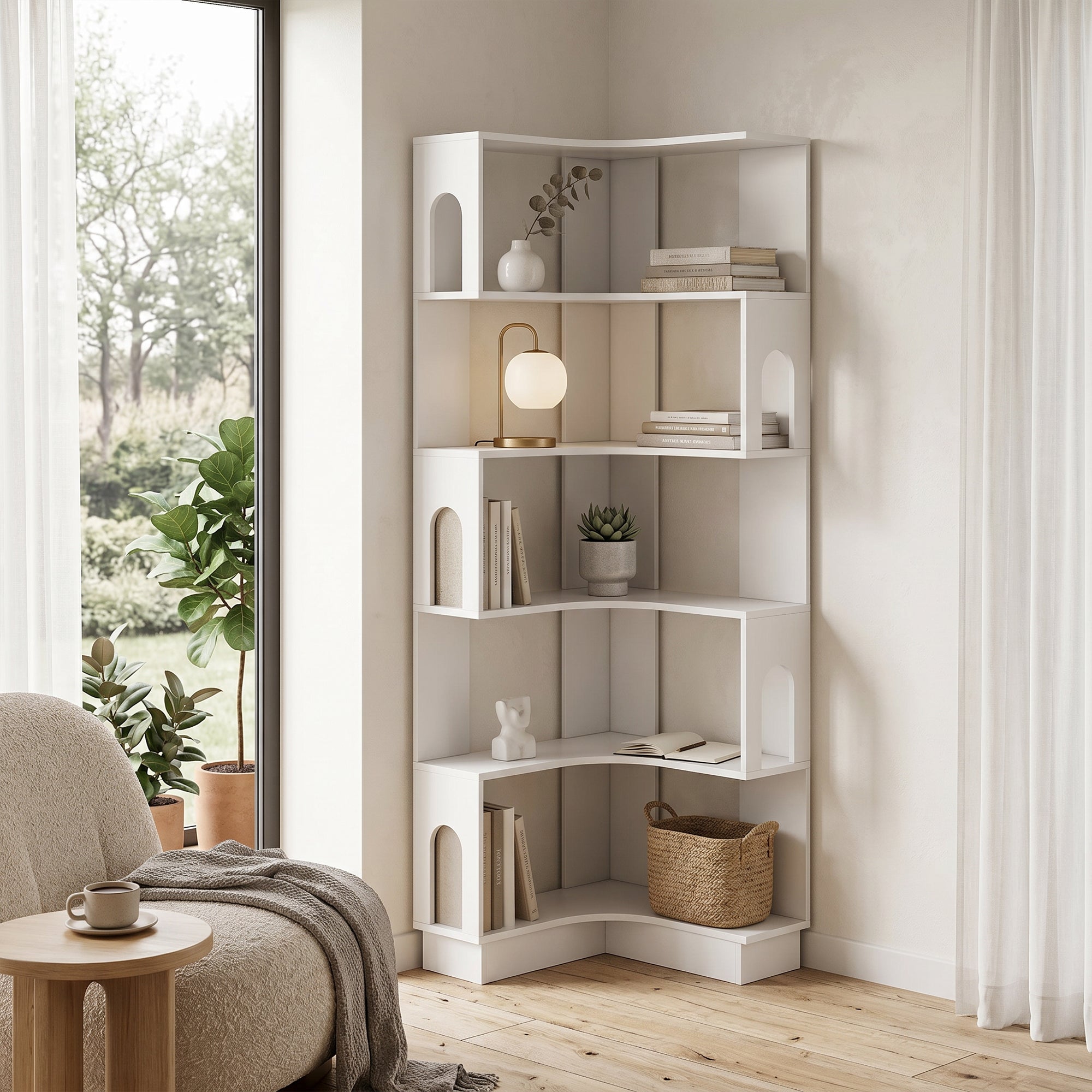 Bibliothèque d'angle, étagère de rangement à 6 niveaux avec panneaux latéraux arqués, style moderne, meuble de rangement pour bureau, salon, chambre, 60 x 60 x 165,5 cm, blanc