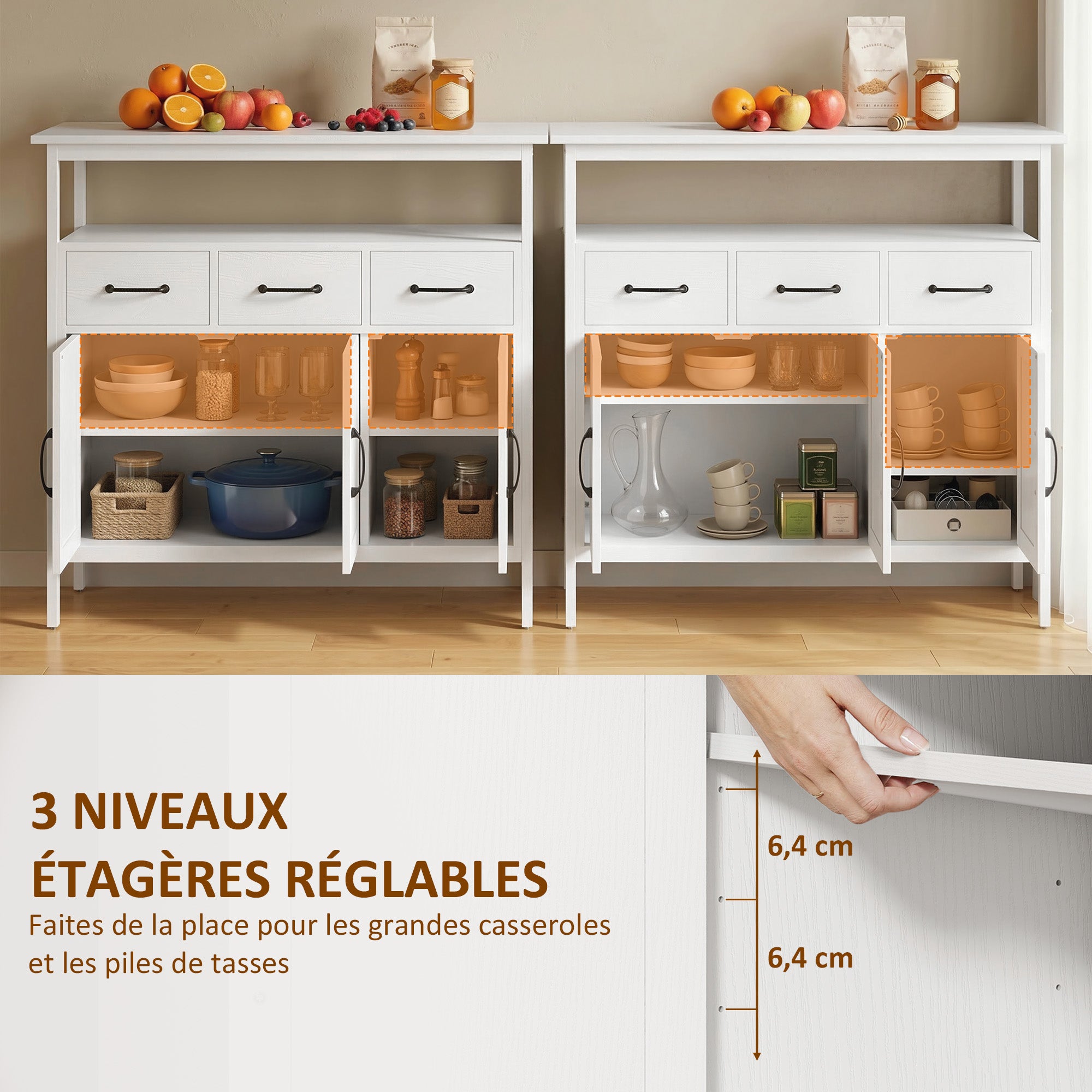 Buffet Cuisine, Meuble de Rangement avec 3 Portes, 3 Tiroirs, Compartiment Ouvert et Étagères Réglables, Style Moderne, pour Salon et Chambre, 95 x 35 x 88 cm, Blanc
