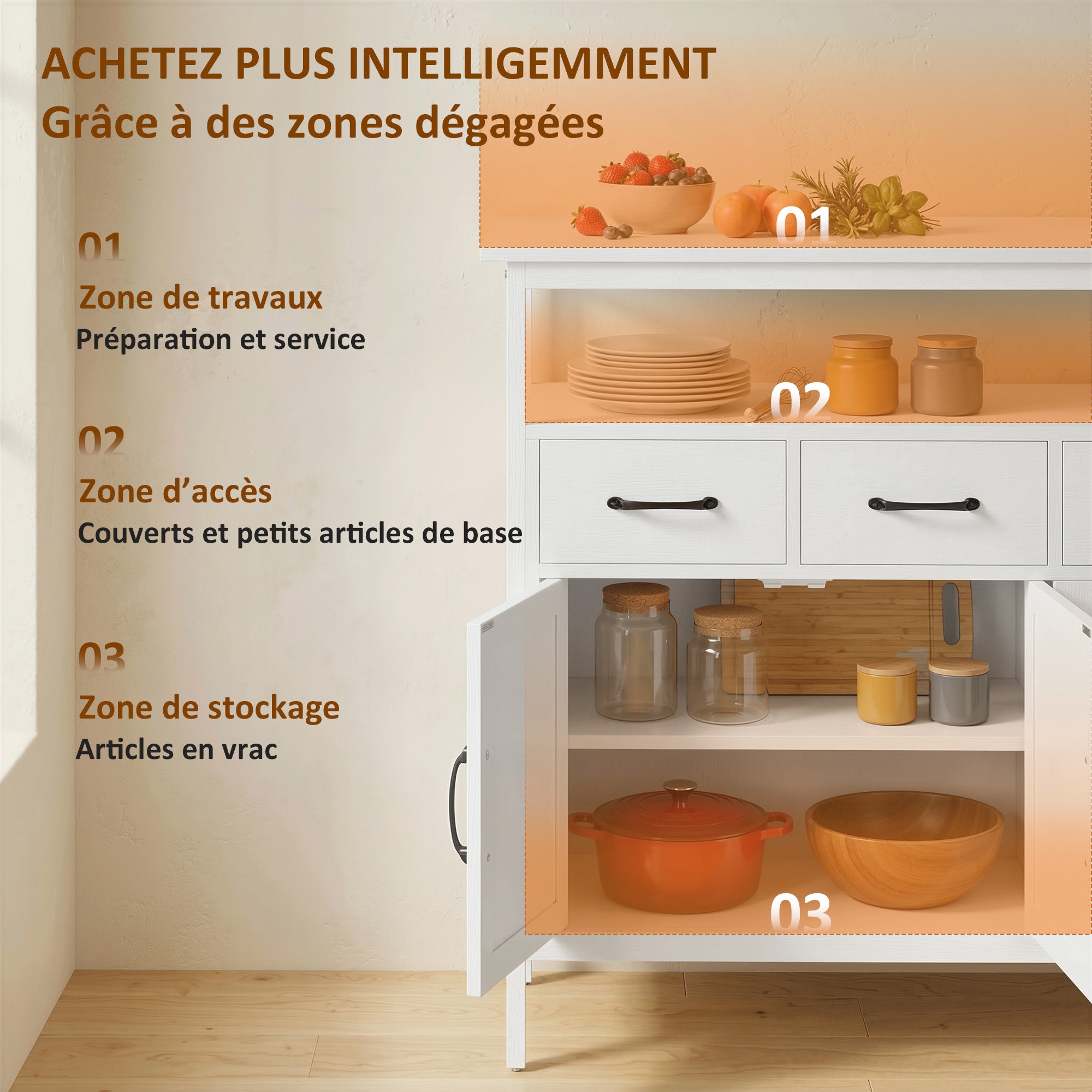 Buffet Cuisine, Meuble de Rangement avec 3 Portes, 3 Tiroirs, Compartiment Ouvert et Étagères Réglables, Style Moderne, pour Salon et Chambre, 95 x 35 x 88 cm, Blanc