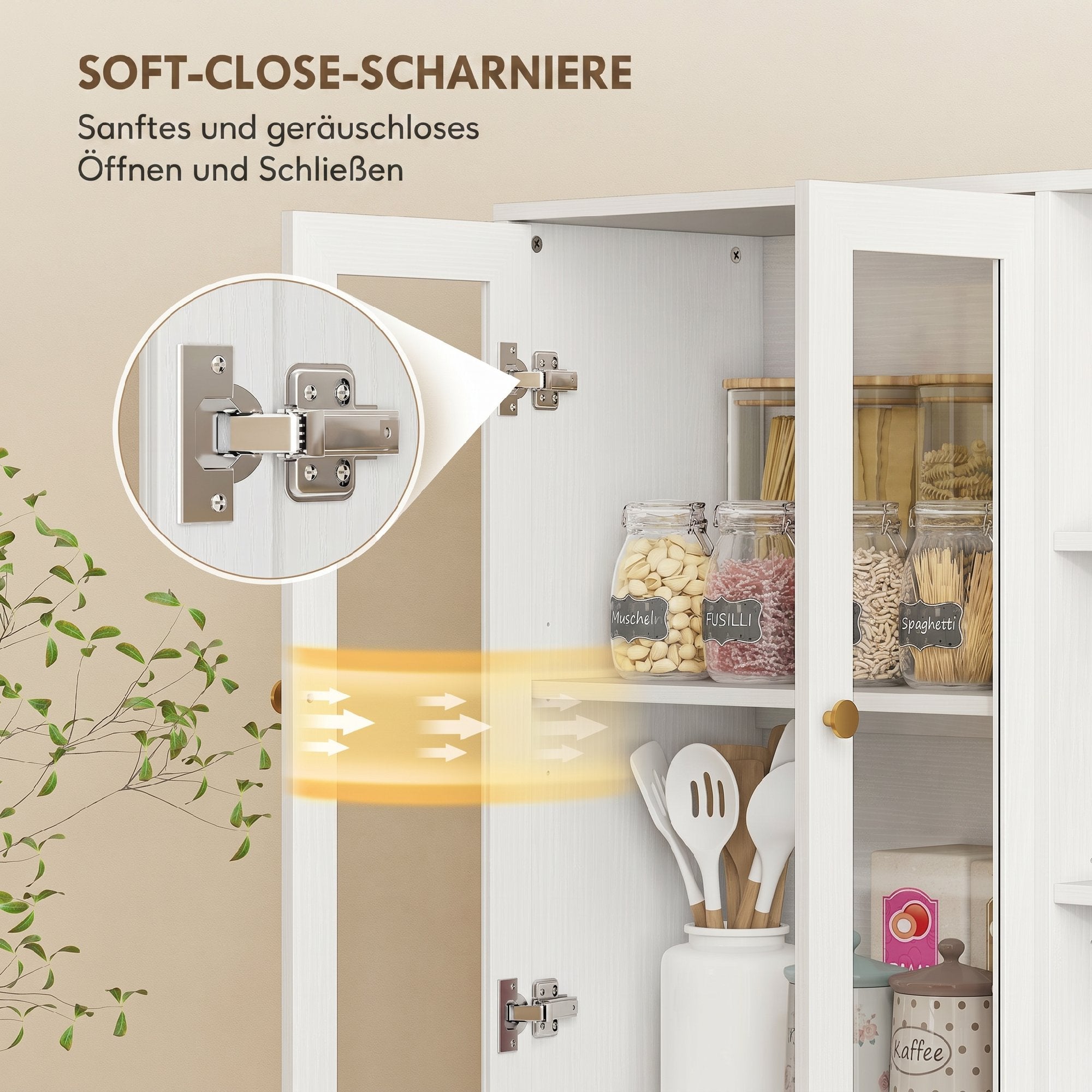 Buffet haut cuisine, vaisselier vitrine avec 4 portes à fermeture douce en verre trempé, étagères réglables et 6 compartiments ouverts, meuble de rangement pour salon, salle à manger, blanc