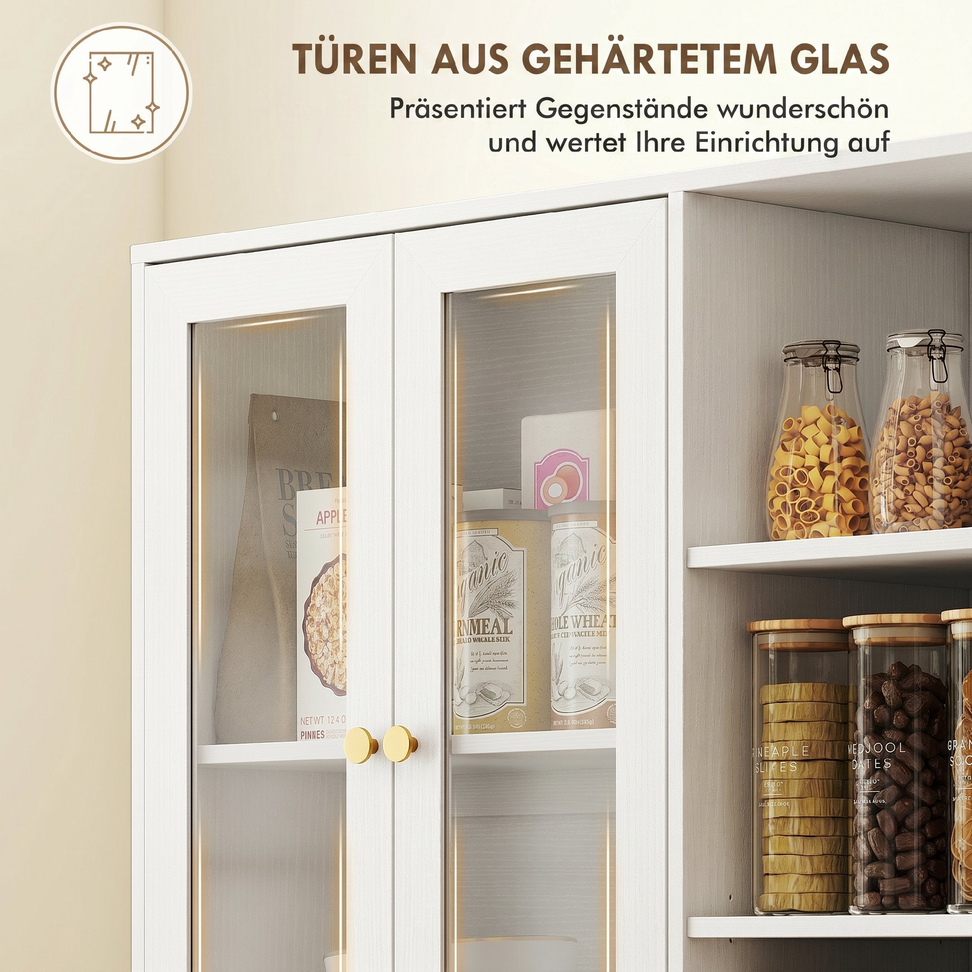 Buffet haut cuisine, vaisselier vitrine avec 4 portes à fermeture douce en verre trempé, étagères réglables et 6 compartiments ouverts, meuble de rangement pour salon, salle à manger, blanc