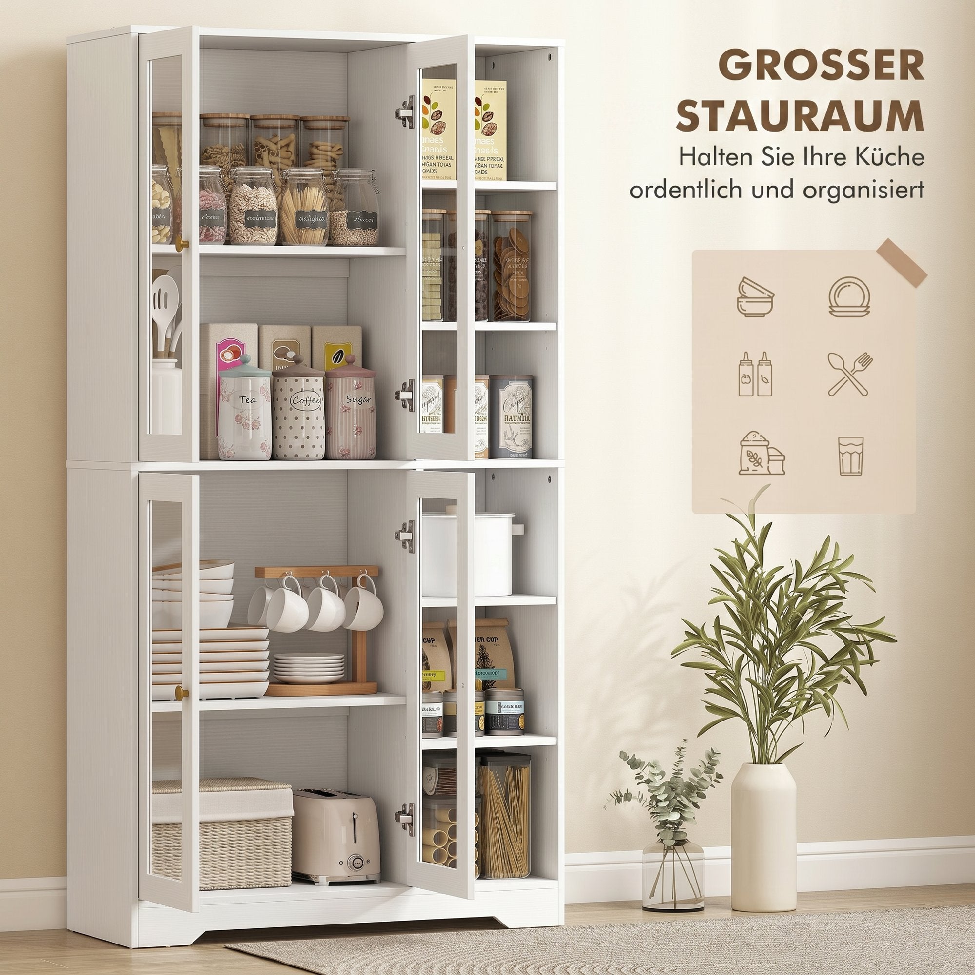 Buffet haut cuisine, vaisselier vitrine avec 4 portes à fermeture douce en verre trempé, étagères réglables et 6 compartiments ouverts, meuble de rangement pour salon, salle à manger, blanc