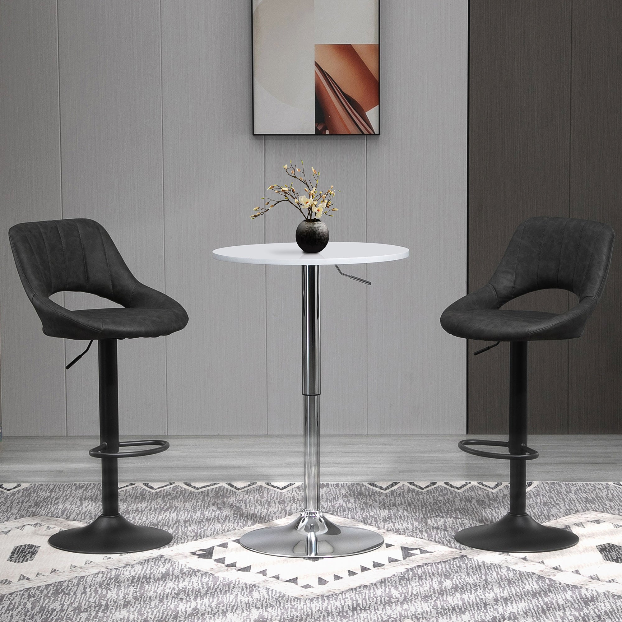 Lot de 2 tabourets de bar design contemporain avec repose-pieds hauteur réglable et pivotant - revêtement synthétique - pied métal noir