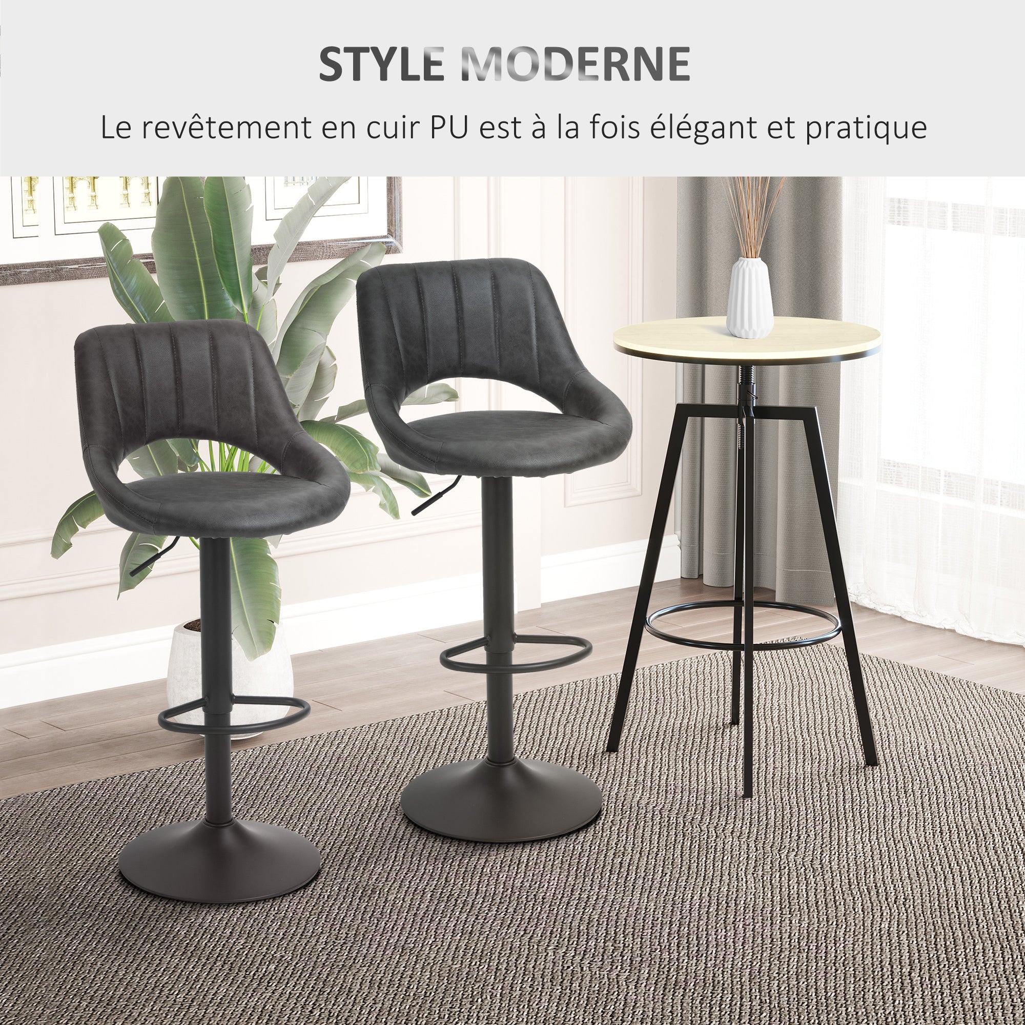 Lot de 2 tabourets de bar design contemporain avec repose-pieds hauteur réglable et pivotant - revêtement synthétique - pied métal noir