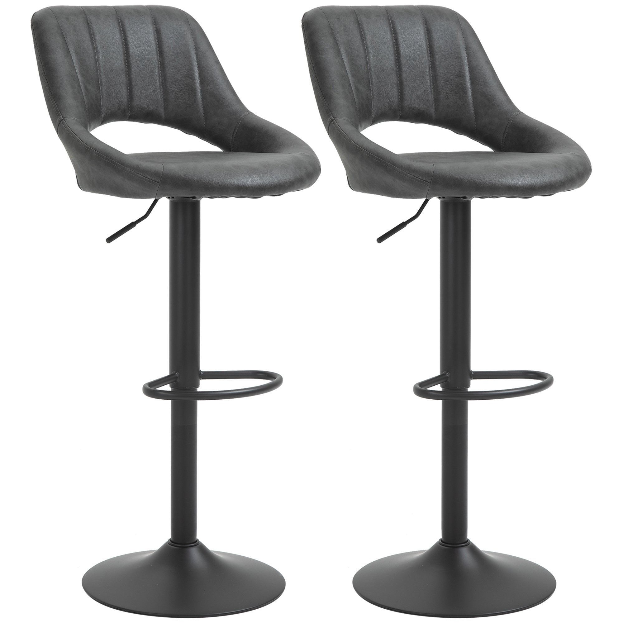 Lot de 2 tabourets de bar design contemporain avec repose-pieds hauteur réglable et pivotant - revêtement synthétique - pied métal noir