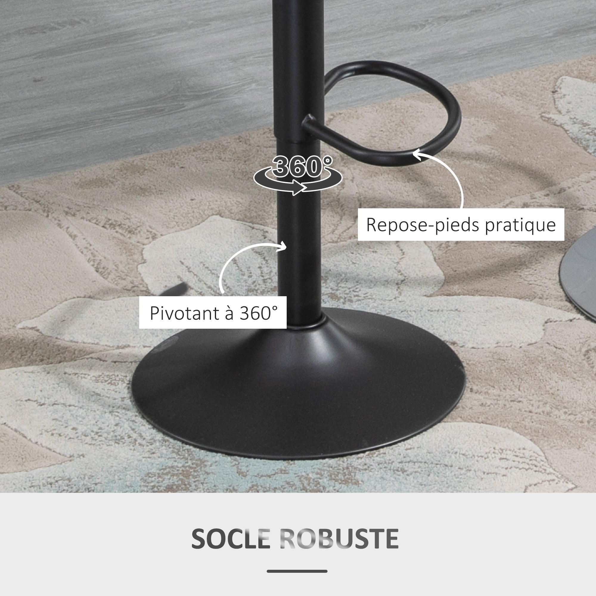 Lot de 2 tabourets de bar design contemporain avec repose-pieds hauteur réglable et pivotant - revêtement synthétique - pied métal noir