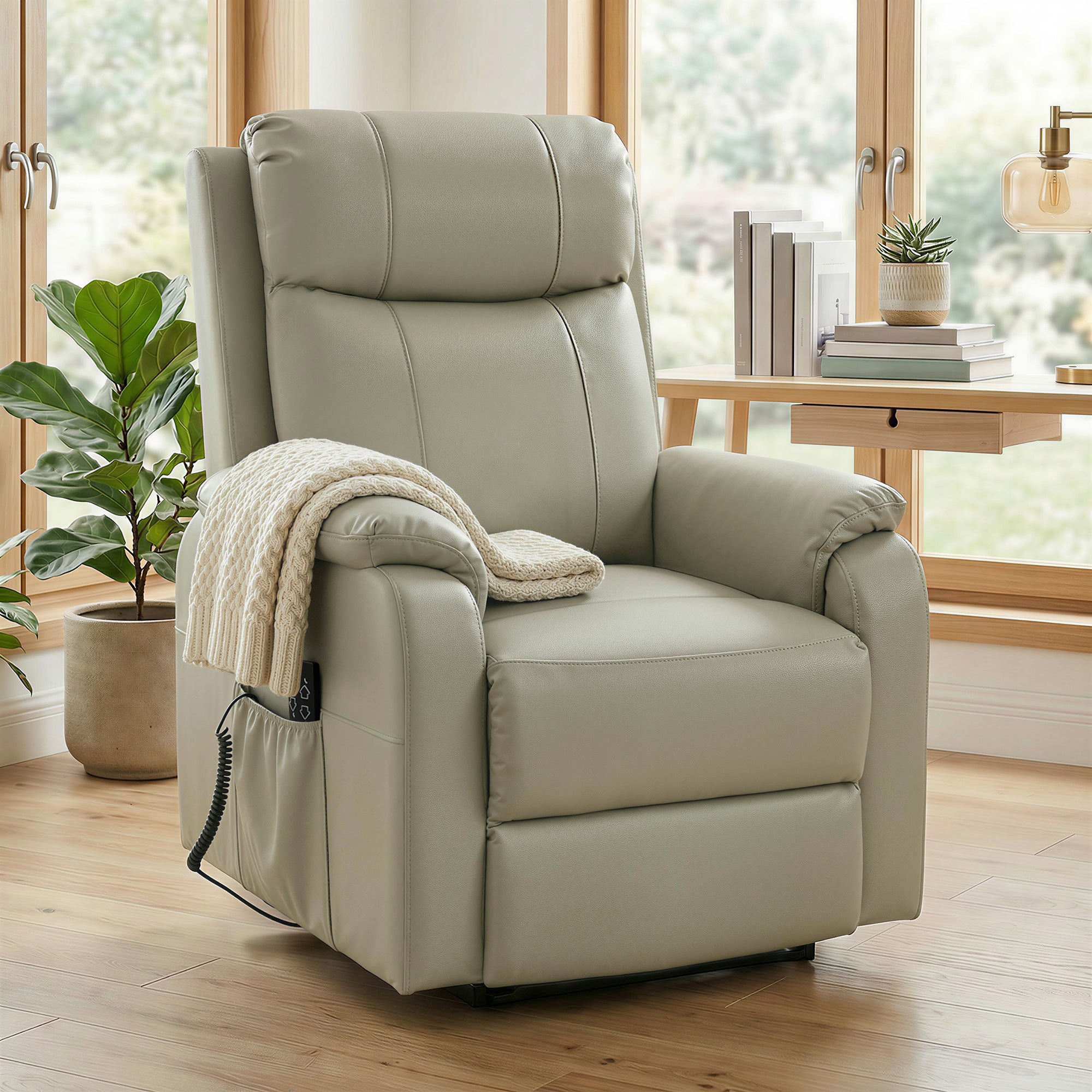 Fauteuil releveur électrique, fauteuil relax électrique, double moteur, dossier inclinable, coussin à ressorts, larges accoudoirs, repose-pied, roulettes, télécommande, poches latérales, crème