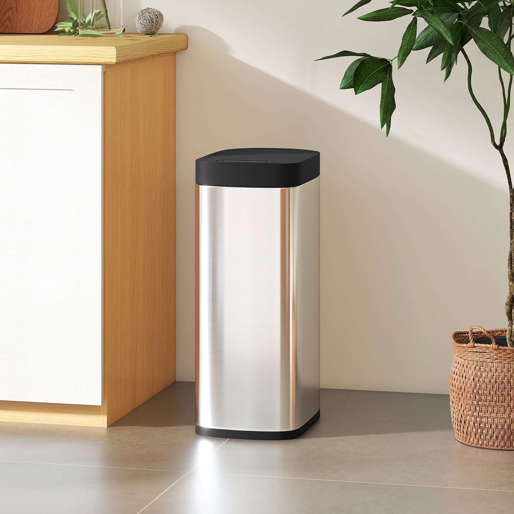 Poubelle de Cuisine Automatique 50L, Poubelle à Capteur de Mouvement sans Contact, Résistant aux Empreintes Digitales, sans Bac Intérieur, Fonctionne sur Piles, Argent