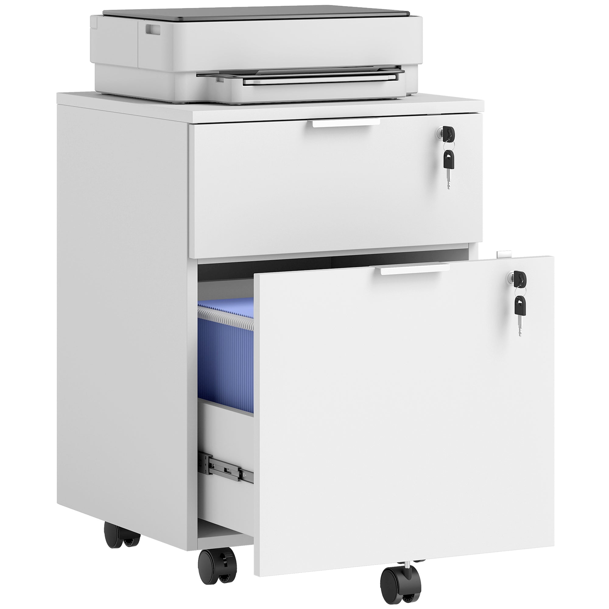 Caisson de bureau, meuble de rangement 2 tiroirs 2 barres de suspension dossier suspendu, verrouillable 2 clés, 4 roulettes 42x40x60 cm blanc