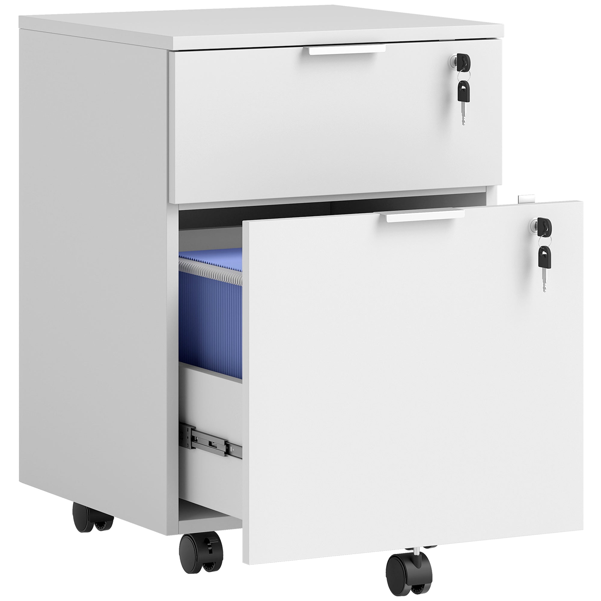 Caisson de bureau, meuble de rangement 2 tiroirs 2 barres de suspension dossier suspendu, verrouillable 2 clés, 4 roulettes 42x40x60 cm blanc