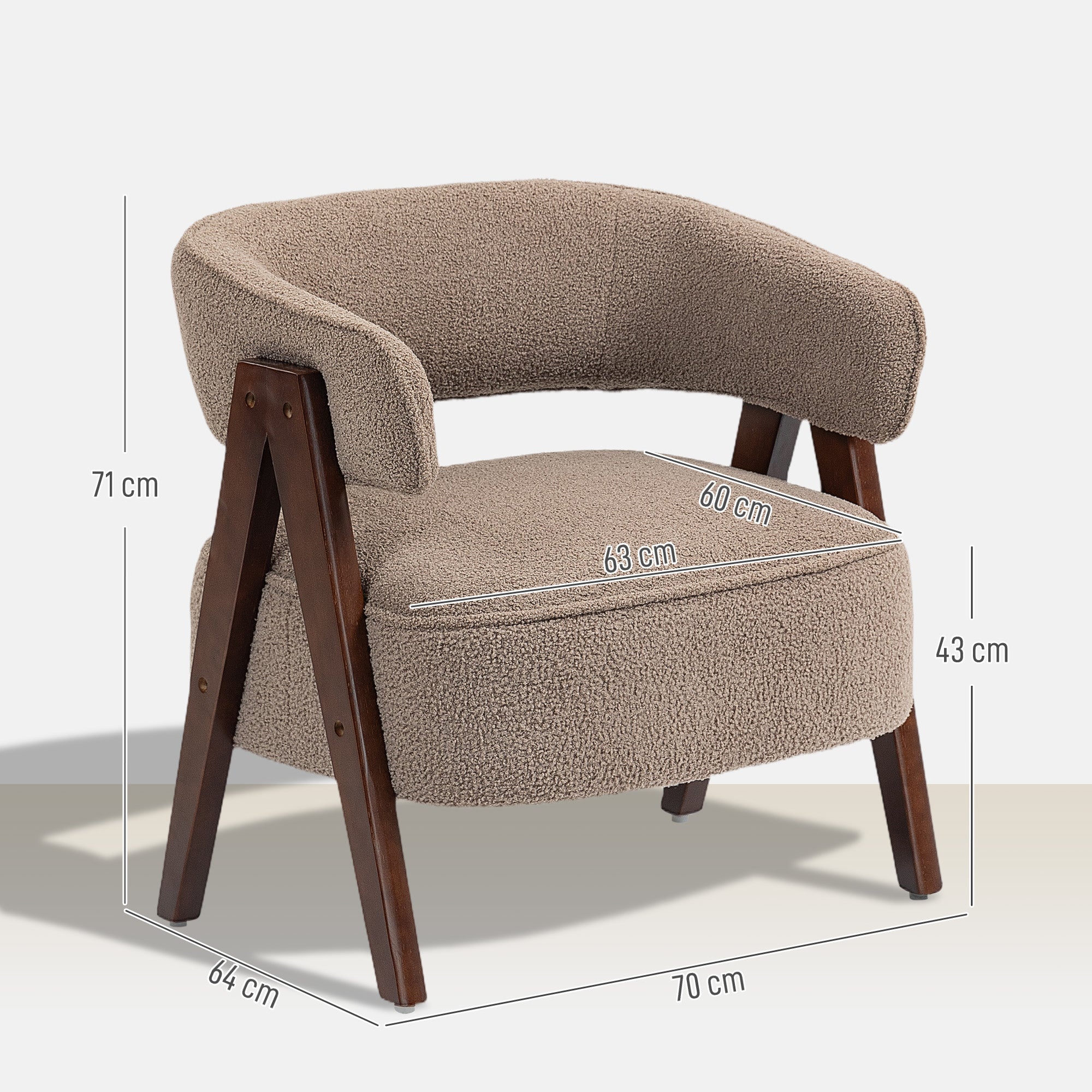 Fauteuil de salon en tissu bouclette, chaise rembourrée, assise large, dossier ergonomique, accoudoirs, pieds en bois massif et structure en acier, fauteuil de chambre, salon, bureau, marron