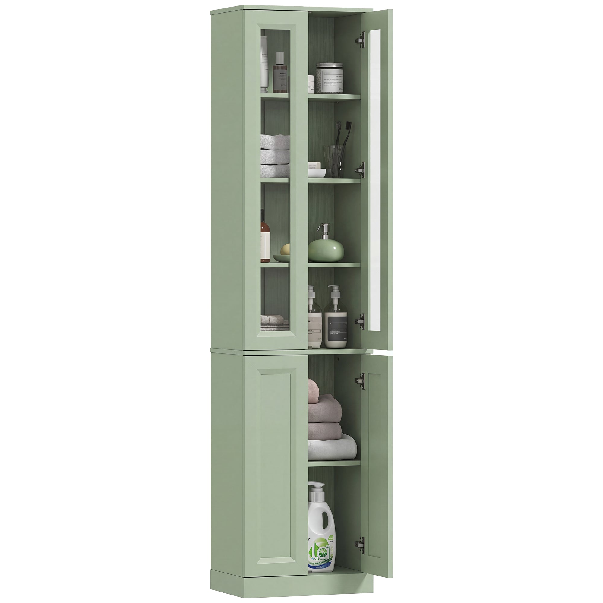 Meuble de Salle de Bain 6 niveaux, Meuble de Rangement, Colonne Salle de Bain, 4 Portes à Fermeture Douce dont 2 Acrylique, Étagères Réglables, pour Salon, Chambre, Buanderie, 38x26x160cm, Vert