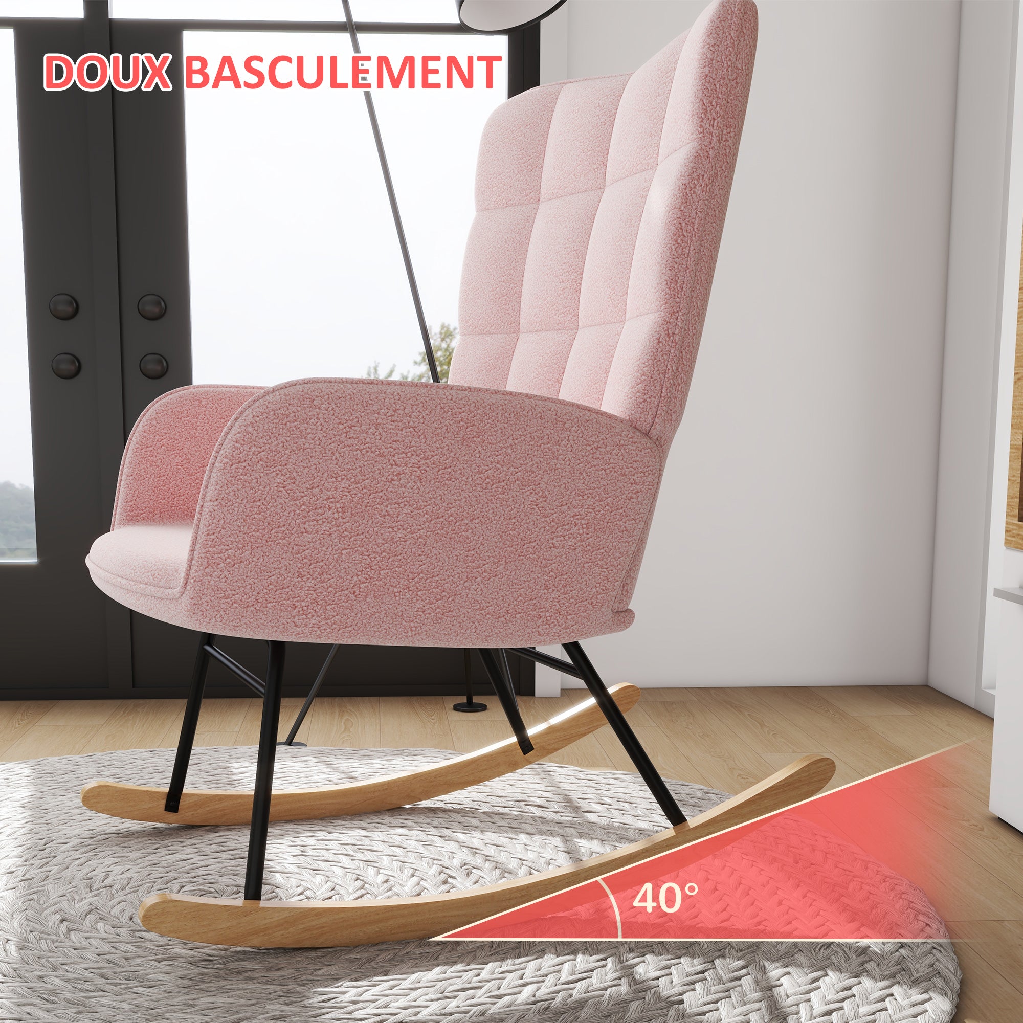 Fauteuil à bascule, rocking chair, revêtement bouclette, fauteuil allaitement, chaise à bascule, structure en acier, pieds en bois massif, rose