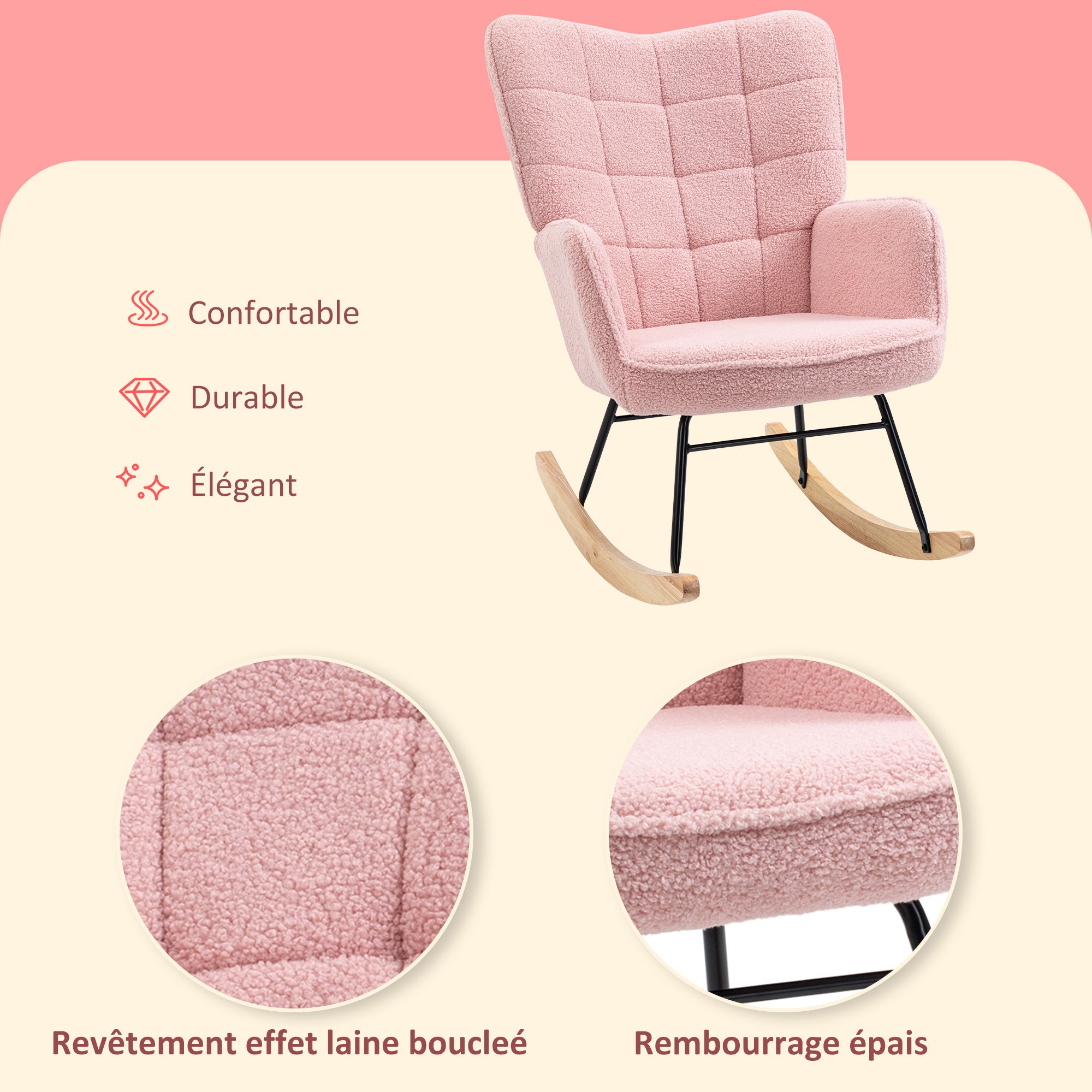 Fauteuil à bascule, rocking chair, revêtement bouclette, fauteuil allaitement, chaise à bascule, structure en acier, pieds en bois massif, rose