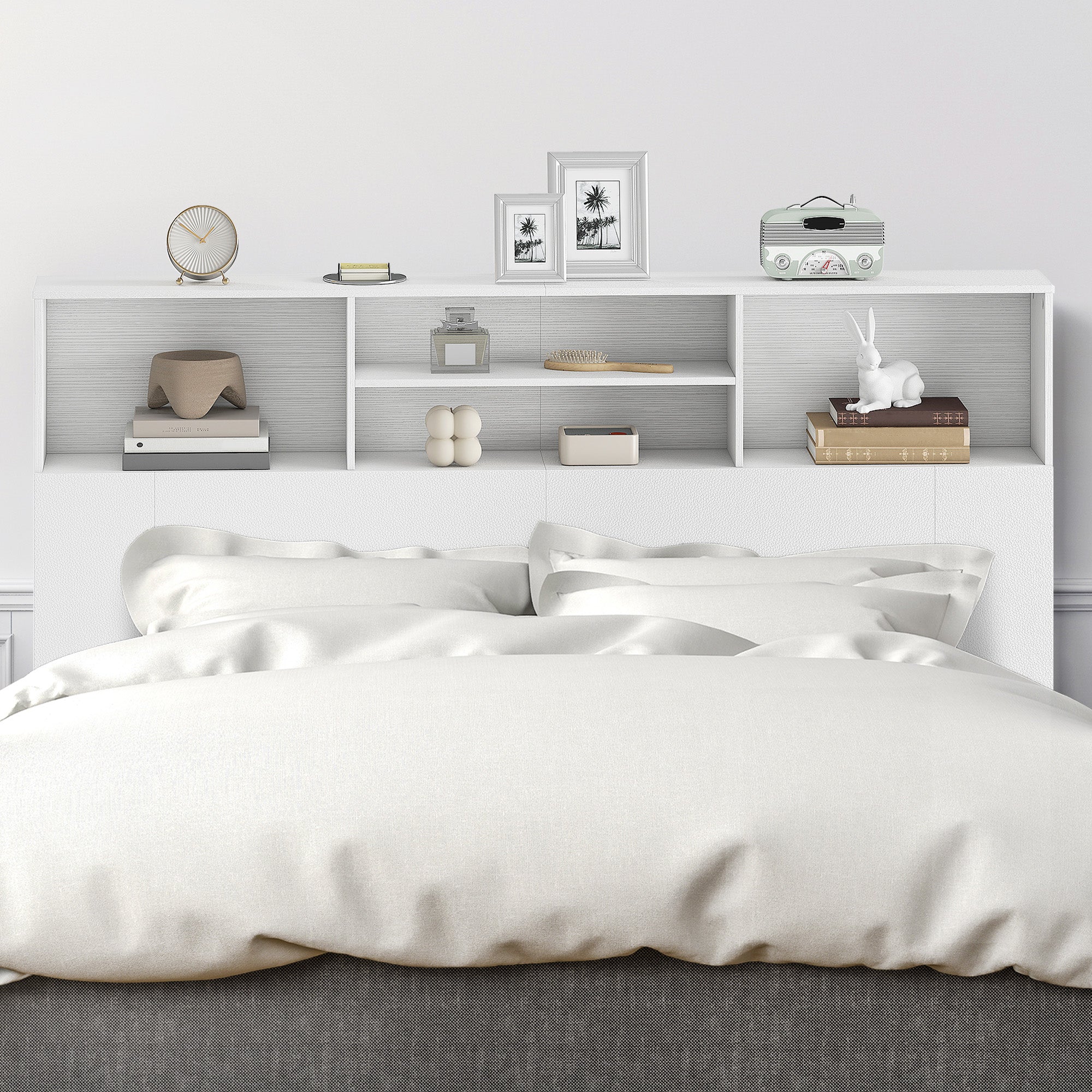 Tête de lit sur pied 160 cm avec rangements, accessoire de lit moderne avec 4 compartiments ouverts pour chambre, 160 x 20,2 x 108,2 cm, blanc