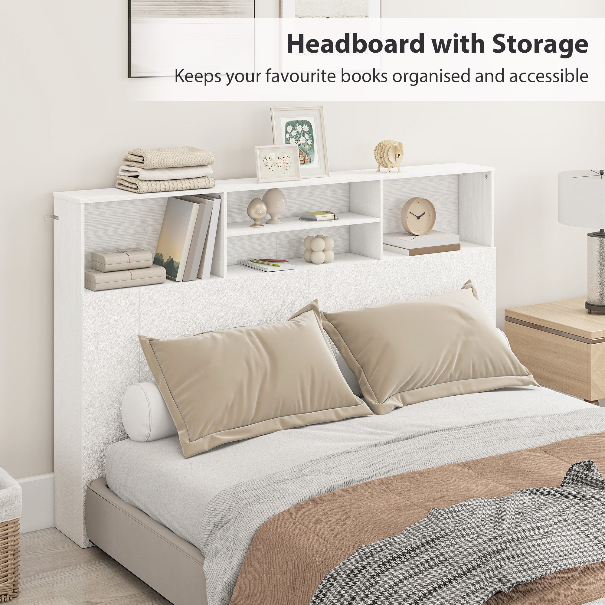 Tête de lit sur pied 160 cm avec rangements, accessoire de lit moderne avec 4 compartiments ouverts pour chambre, 160 x 20,2 x 108,2 cm, blanc