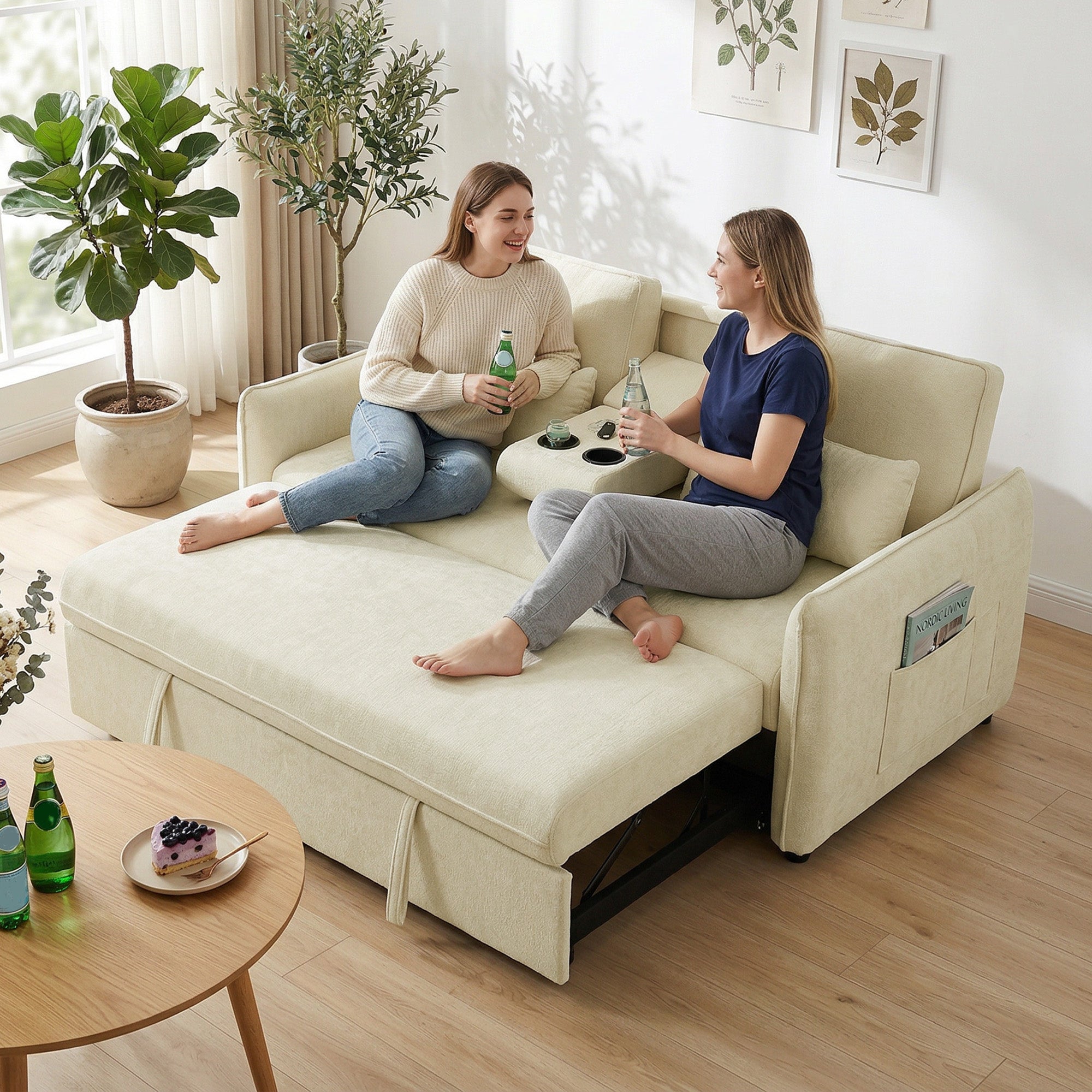 Canapé convertible 2 places 3 en 1, canapé-lit clic clac en chenille avec dossier réglable, porte-gobelets, poches latérales, 2 coussins, pour salon, chambre d'amis, petit espace, beige
