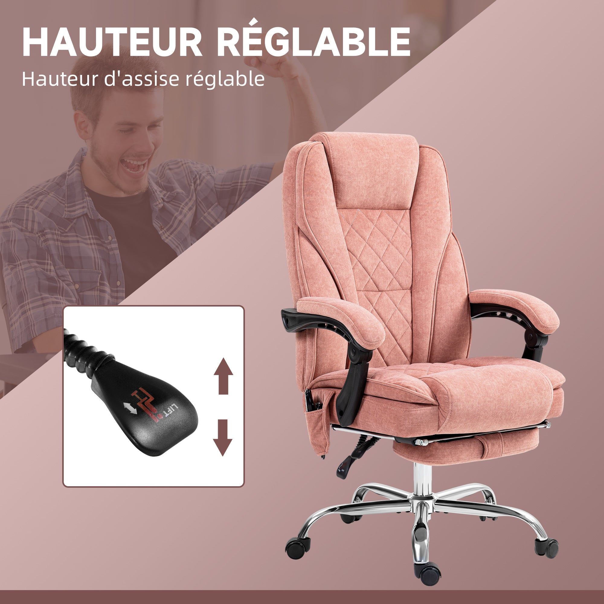 Fauteuil de bureau massant et chauffant chaise de bureau chaise ergonomique avec hauteur réglable dossier inclinable télécommande filaire repose-pieds rétractable et pivotant 360° rose