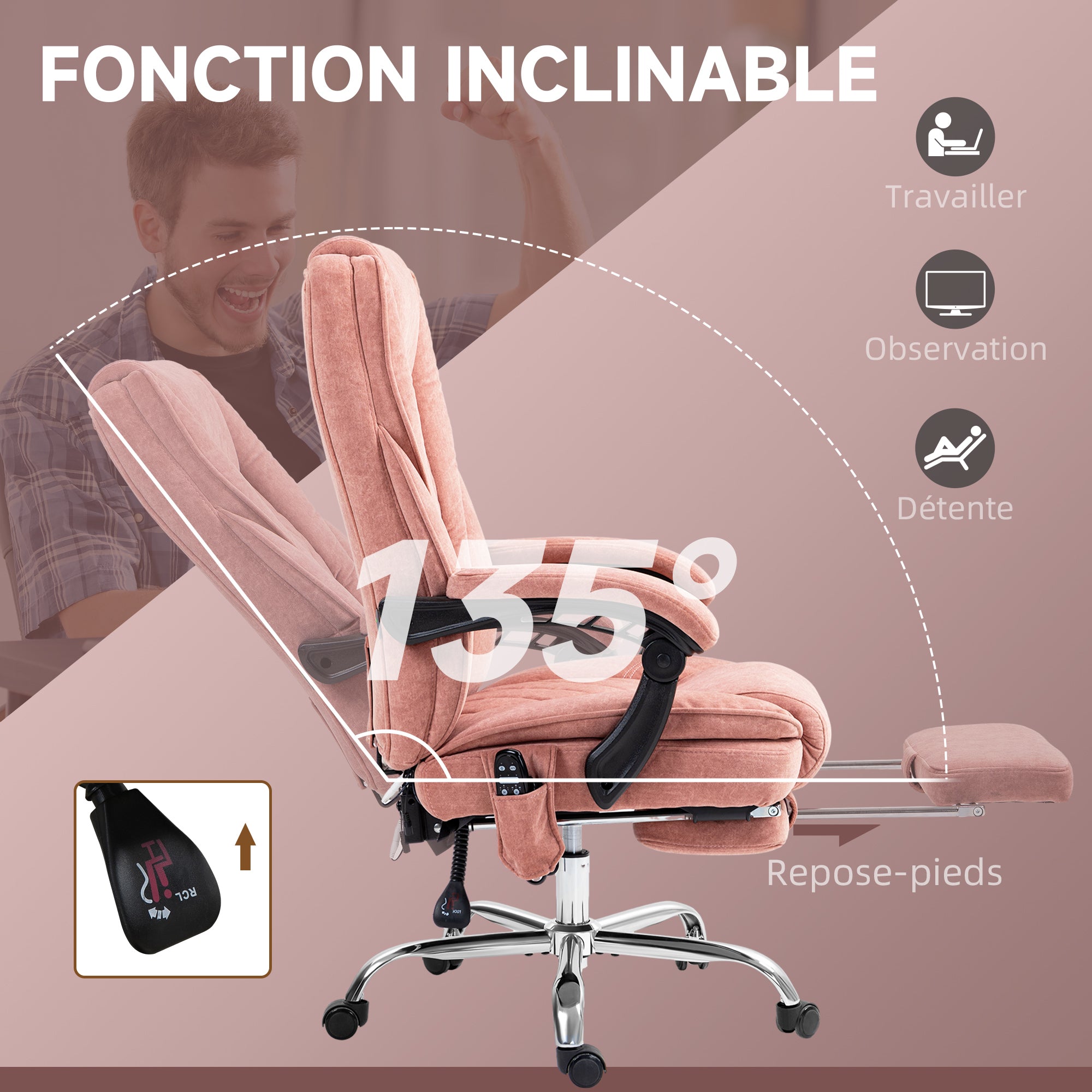 Fauteuil de bureau massant et chauffant chaise de bureau chaise ergonomique avec hauteur réglable dossier inclinable télécommande filaire repose-pieds rétractable et pivotant 360° rose