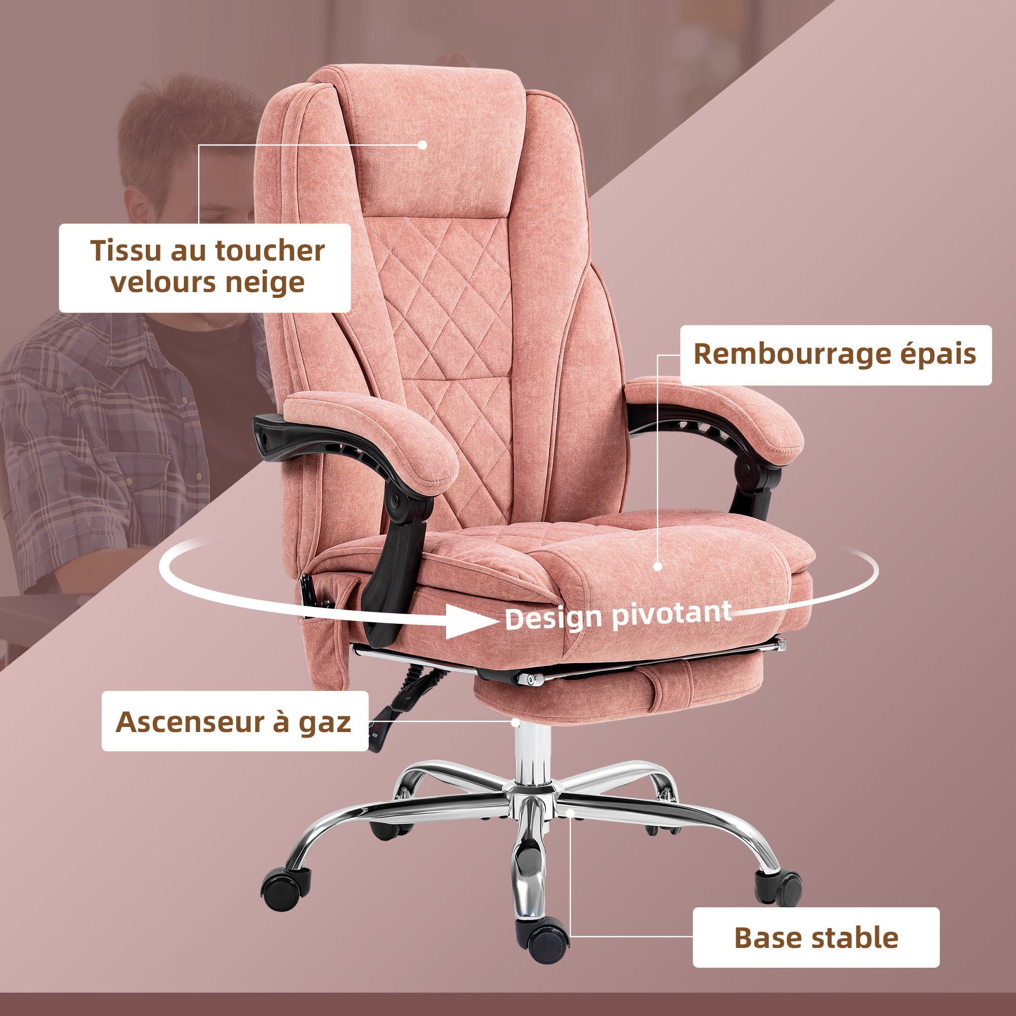 Fauteuil de bureau massant et chauffant chaise de bureau chaise ergonomique avec hauteur réglable dossier inclinable télécommande filaire repose-pieds rétractable et pivotant 360° rose