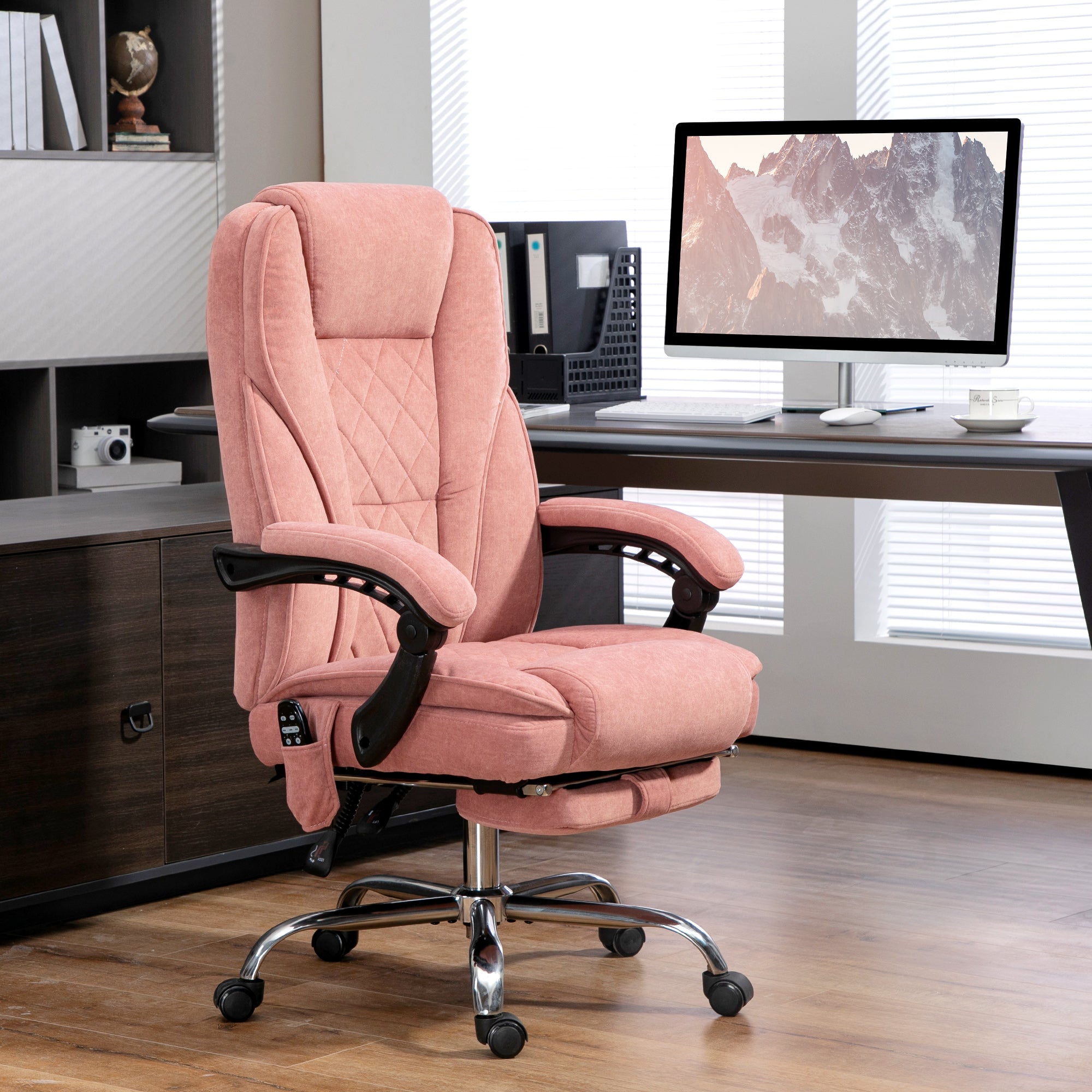 Fauteuil de bureau massant et chauffant chaise de bureau chaise ergonomique avec hauteur réglable dossier inclinable télécommande filaire repose-pieds rétractable et pivotant 360° rose