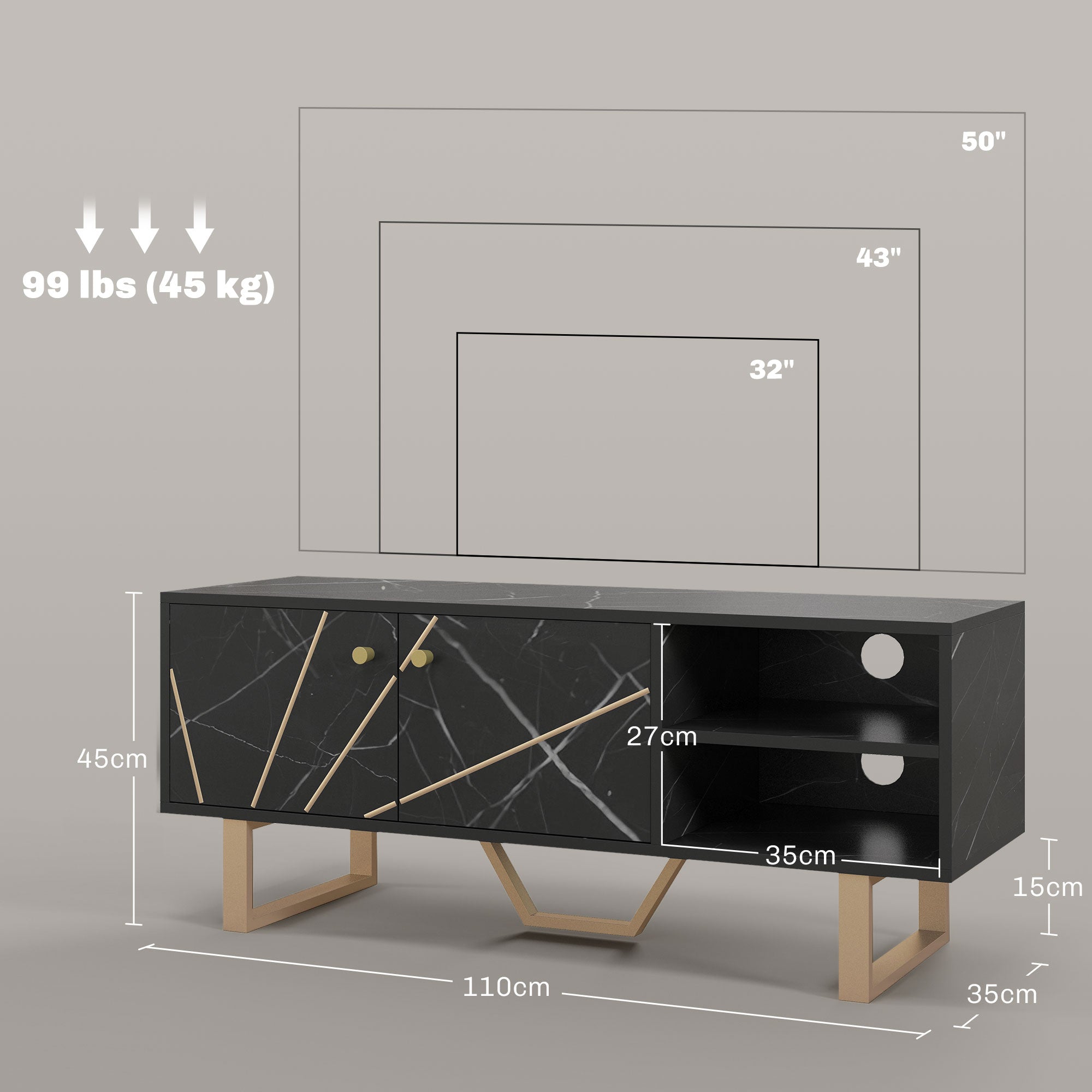 Meuble TV banc TV meuble pour télévision jusqu'à 50 pouces avec placard, étagère réglable et passe-câbles, dim. 110l x 35P x 45H cm aspect marbre noir
