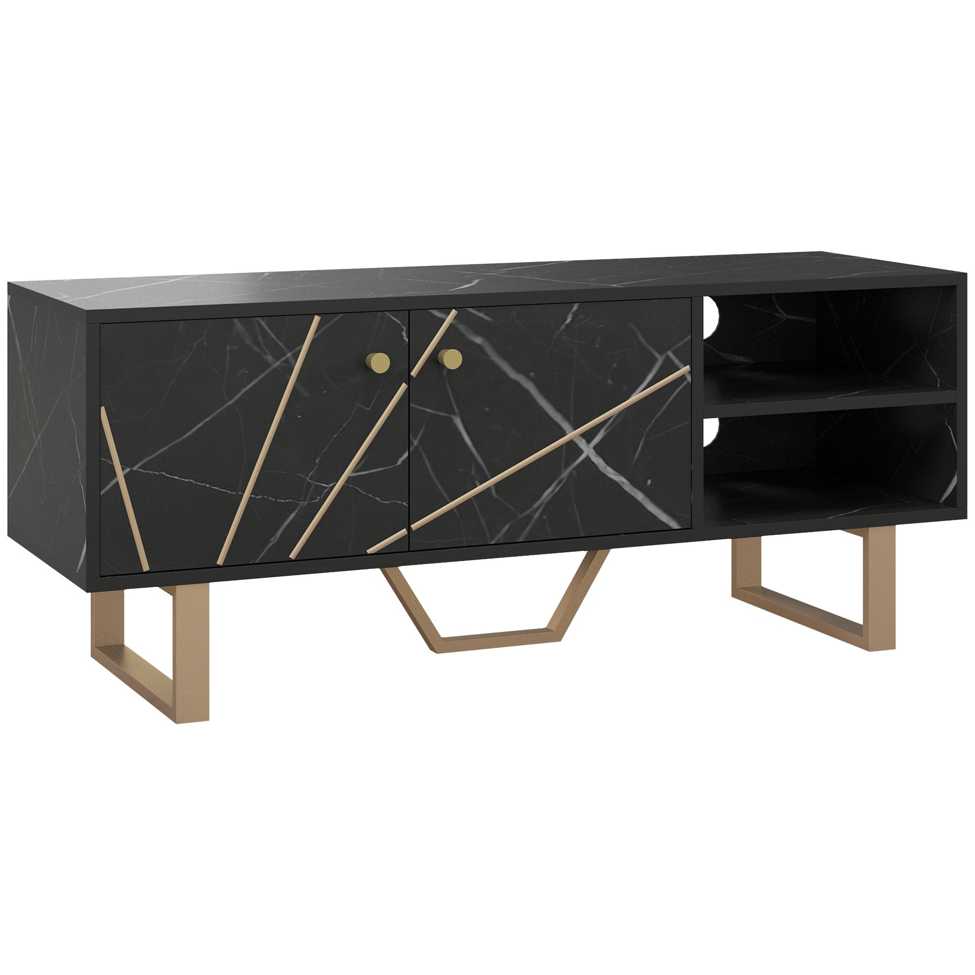 Meuble TV banc TV meuble pour télévision jusqu'à 50 pouces avec placard, étagère réglable et passe-câbles, dim. 110l x 35P x 45H cm aspect marbre noir