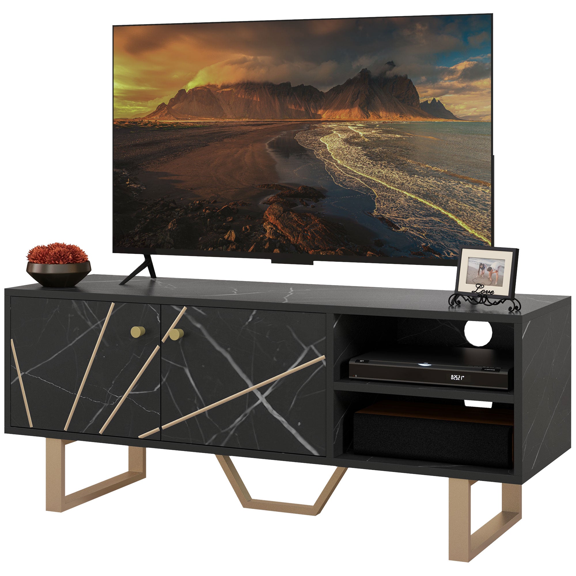 Meuble TV banc TV meuble pour télévision jusqu'à 50 pouces avec placard, étagère réglable et passe-câbles, dim. 110l x 35P x 45H cm aspect marbre noir