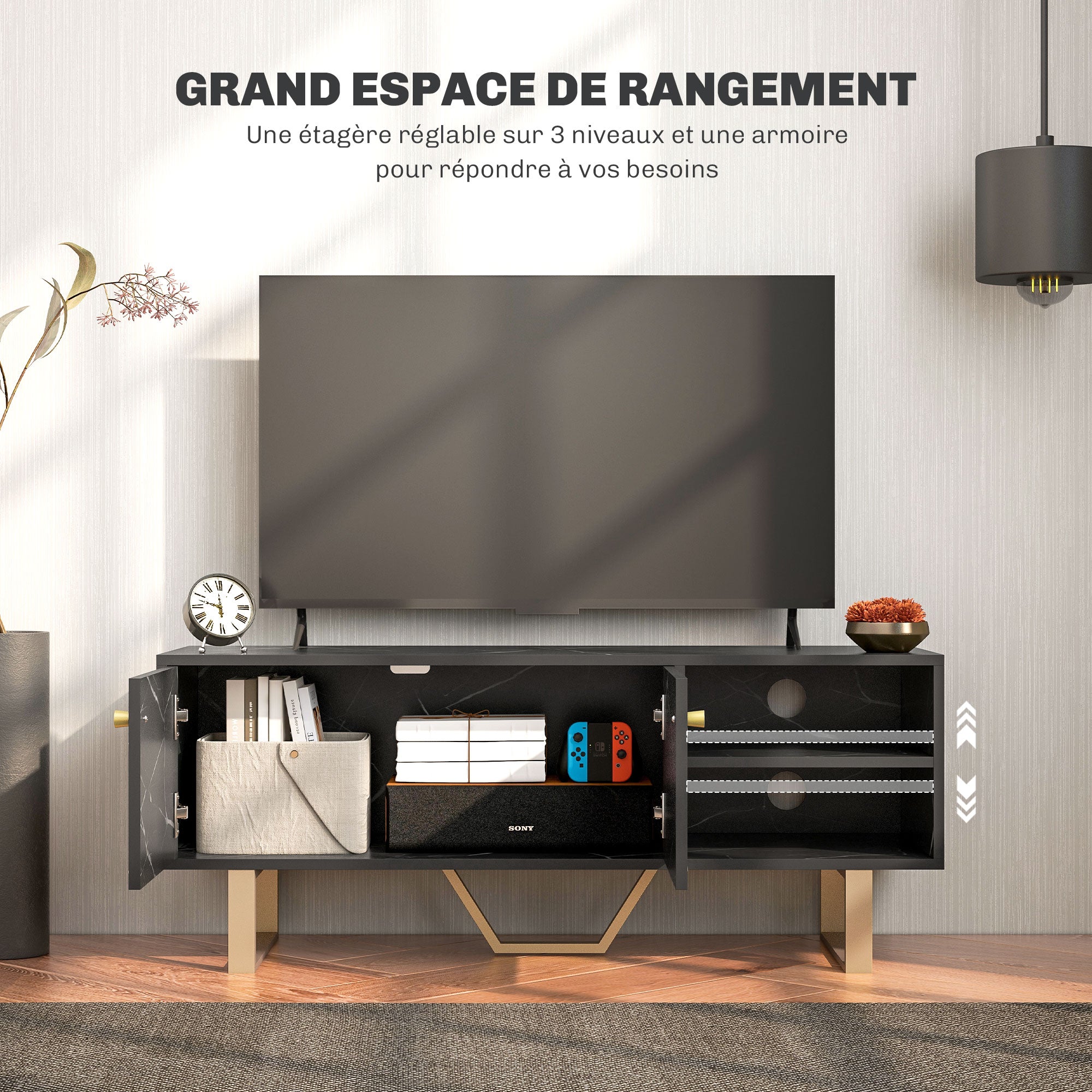 Meuble TV banc TV meuble pour télévision jusqu'à 50 pouces avec placard, étagère réglable et passe-câbles, dim. 110l x 35P x 45H cm aspect marbre noir