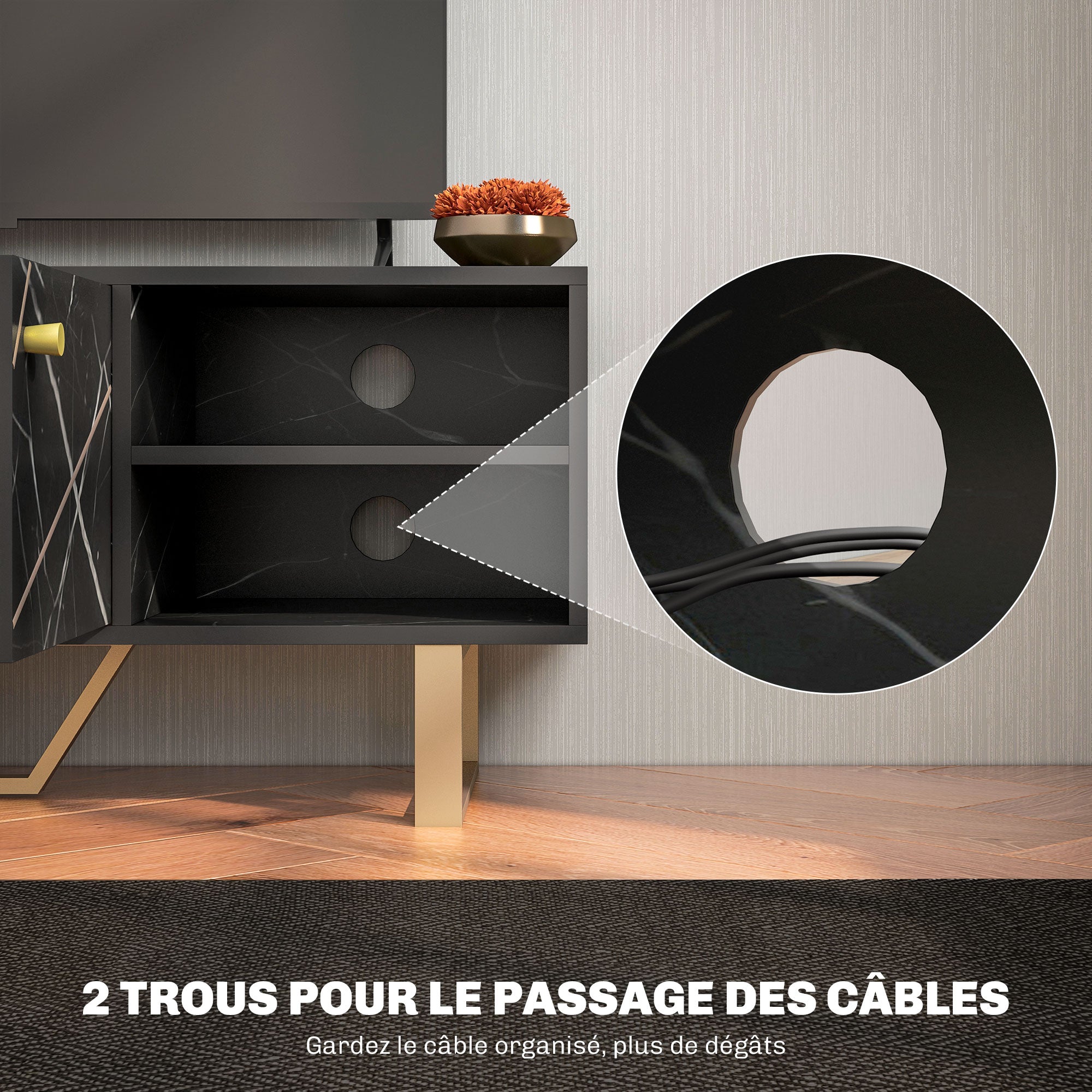 Meuble TV banc TV meuble pour télévision jusqu'à 50 pouces avec placard, étagère réglable et passe-câbles, dim. 110l x 35P x 45H cm aspect marbre noir