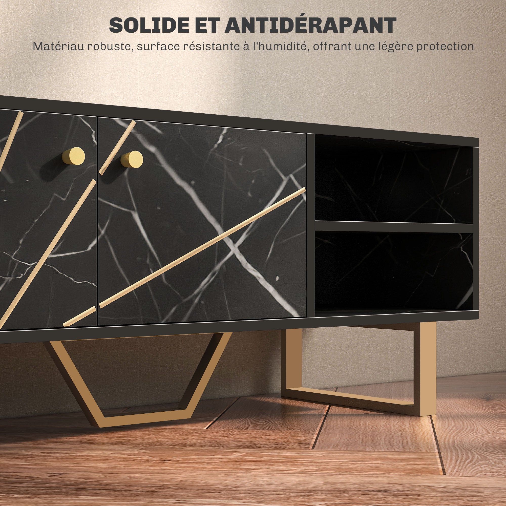 Meuble TV banc TV meuble pour télévision jusqu'à 50 pouces avec placard, étagère réglable et passe-câbles, dim. 110l x 35P x 45H cm aspect marbre noir
