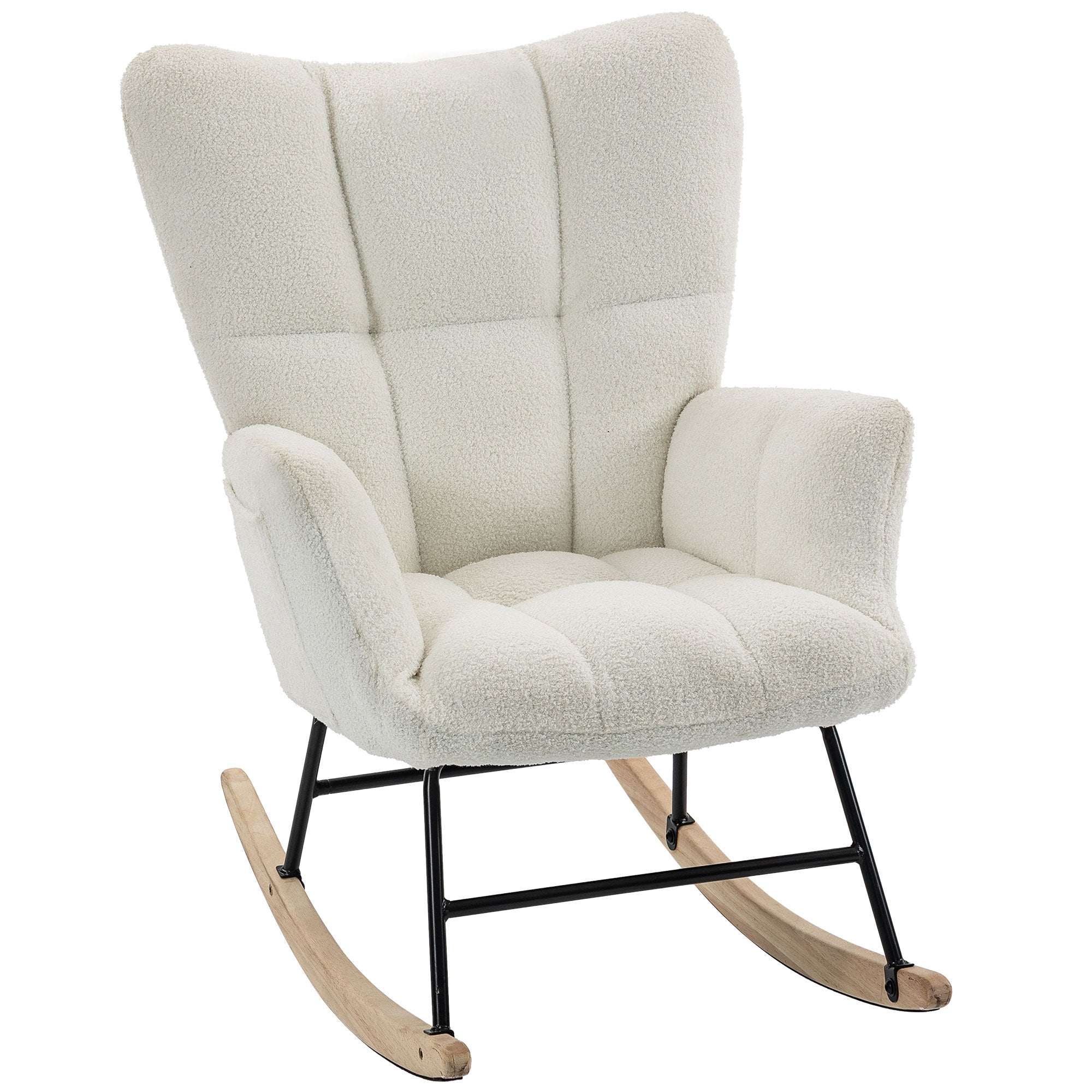 Fauteuil à Bascule, Rocking Chair en Peluche Teddy, Poches Latérales, Dossier à Oreilles Capitonné, Assise Rembourrée, Pieds en Bois d'hévéa, Chaise à Bascule Moderne pour Salon, Chambre, Crème