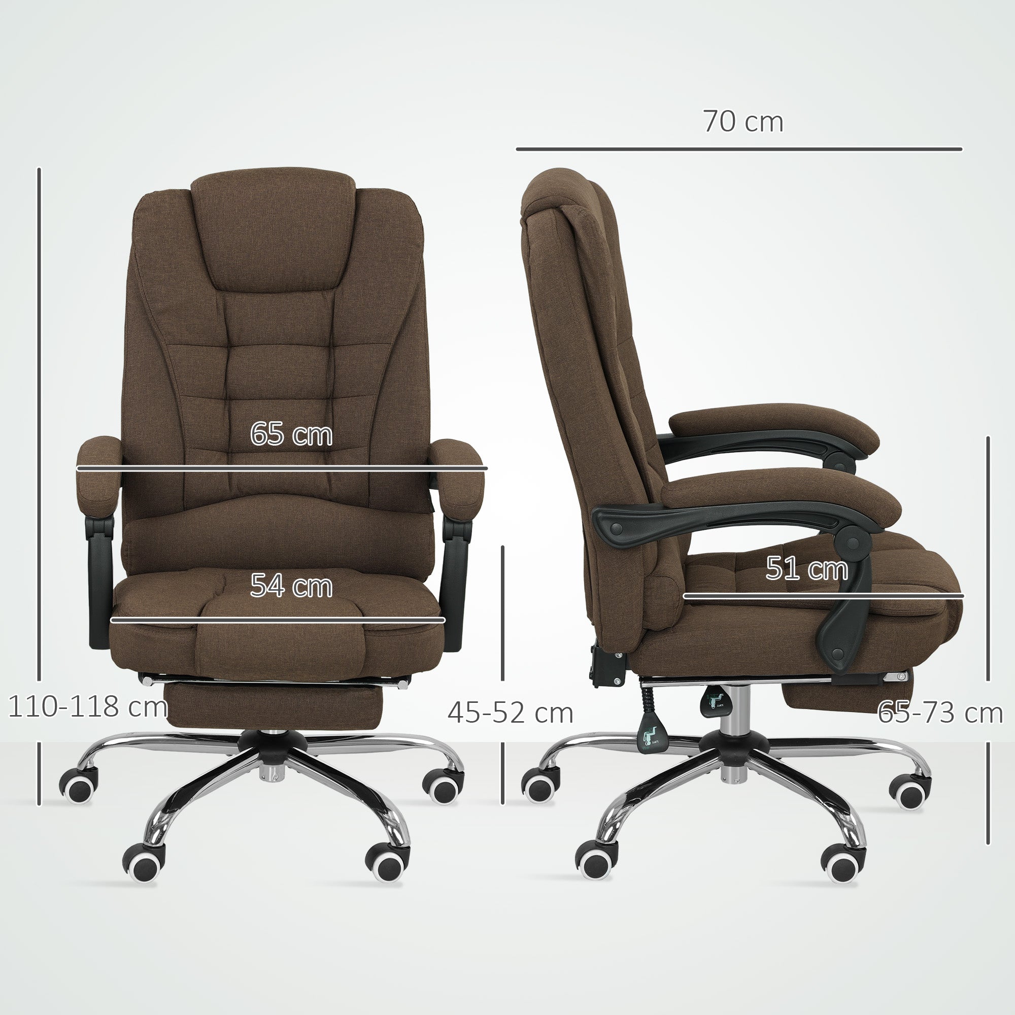 Fauteuil de bureau, chaise de bureau ergonomique avec hauteur réglable, dossier inclinable et repose-pied, tissu aspect lin, pour chambre, télétravail, charge 120 Kg, marron