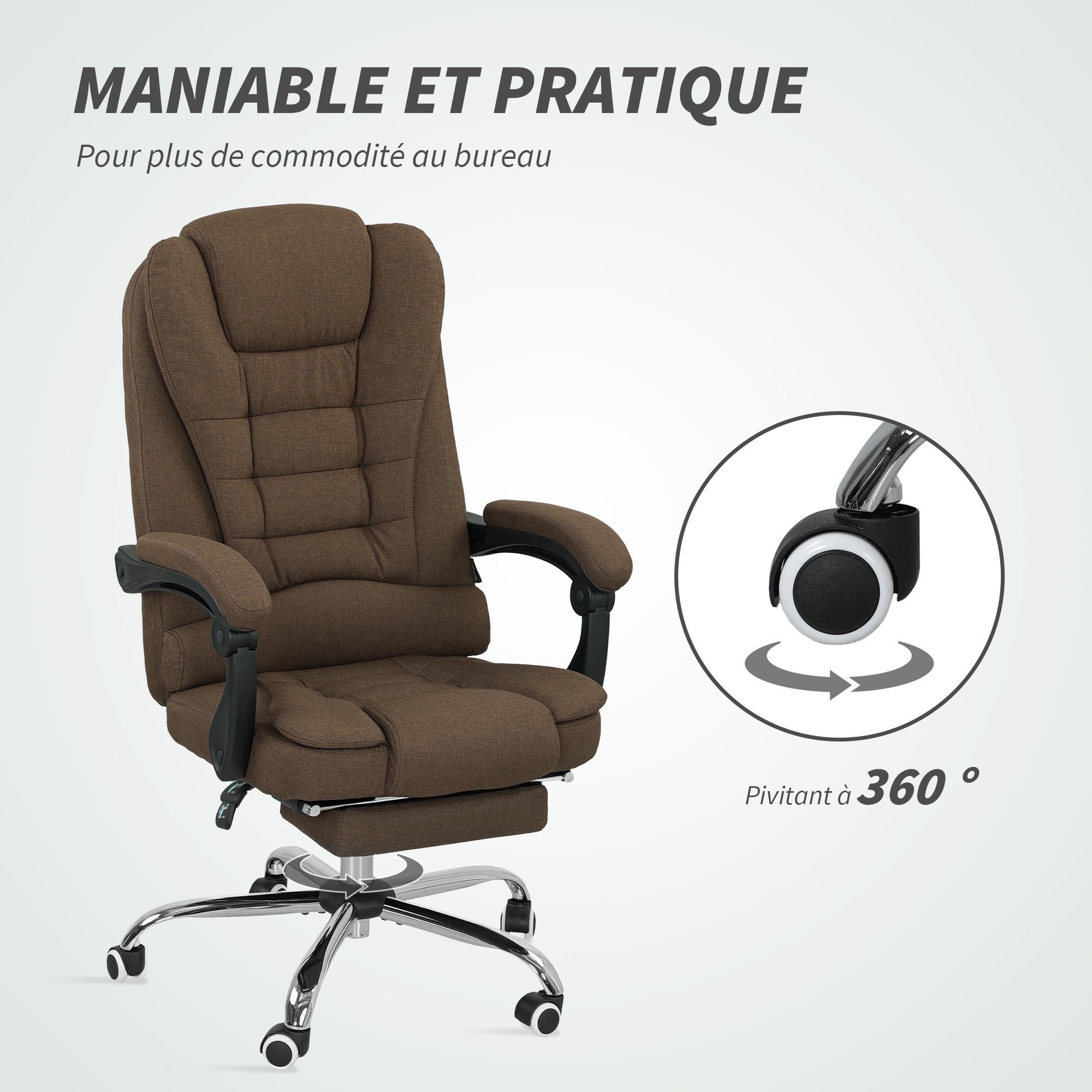 Fauteuil de bureau, chaise de bureau ergonomique avec hauteur réglable, dossier inclinable et repose-pied, tissu aspect lin, pour chambre, télétravail, charge 120 Kg, marron