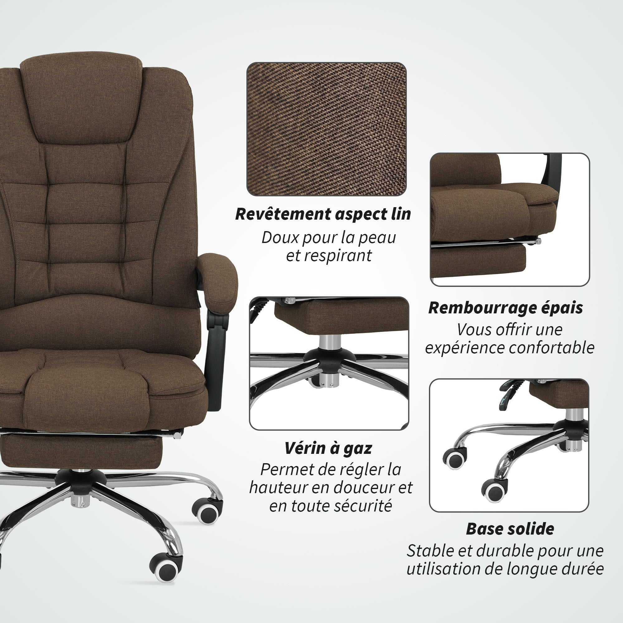 Fauteuil de bureau, chaise de bureau ergonomique avec hauteur réglable, dossier inclinable et repose-pied, tissu aspect lin, pour chambre, télétravail, charge 120 Kg, marron