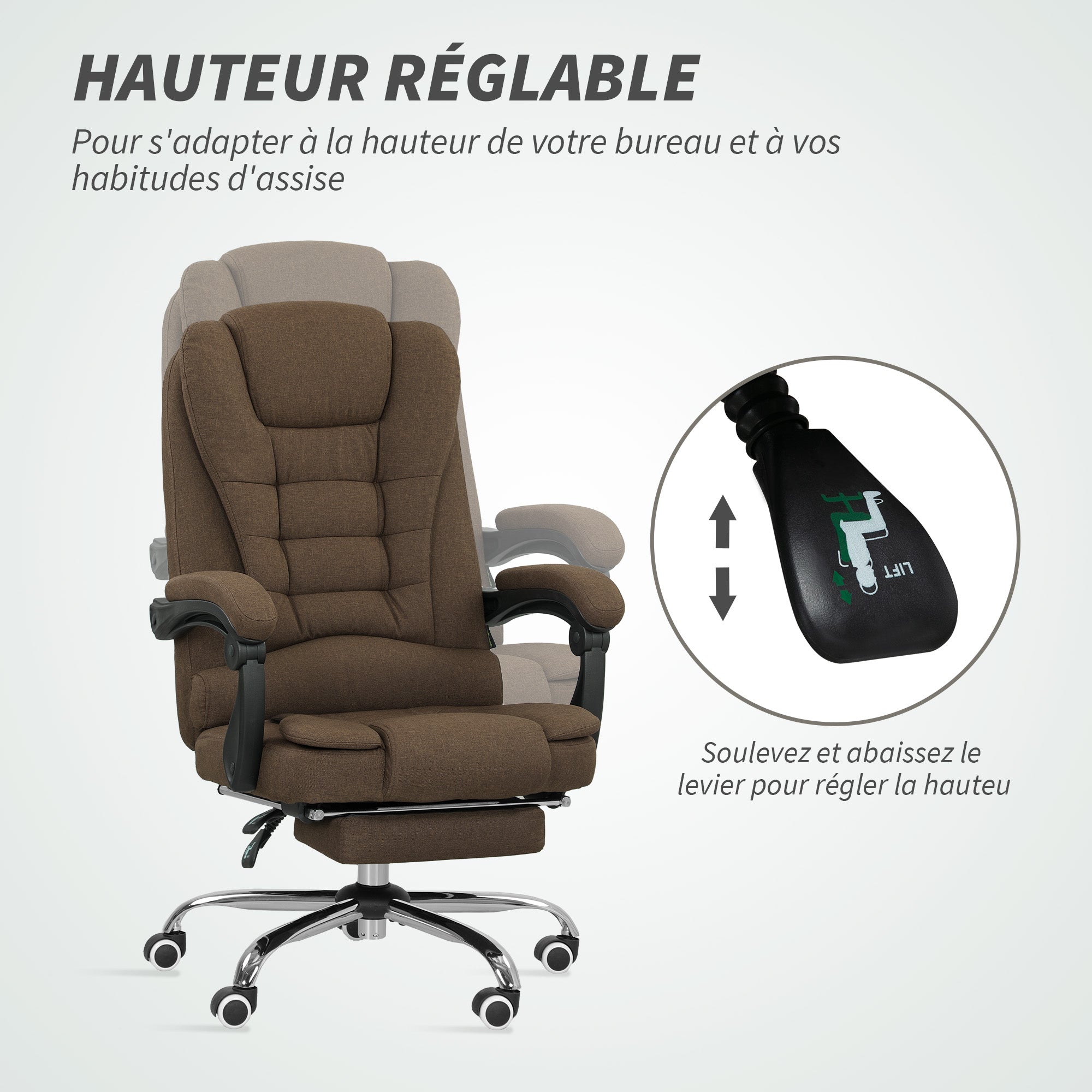 Fauteuil de bureau, chaise de bureau ergonomique avec hauteur réglable, dossier inclinable et repose-pied, tissu aspect lin, pour chambre, télétravail, charge 120 Kg, marron