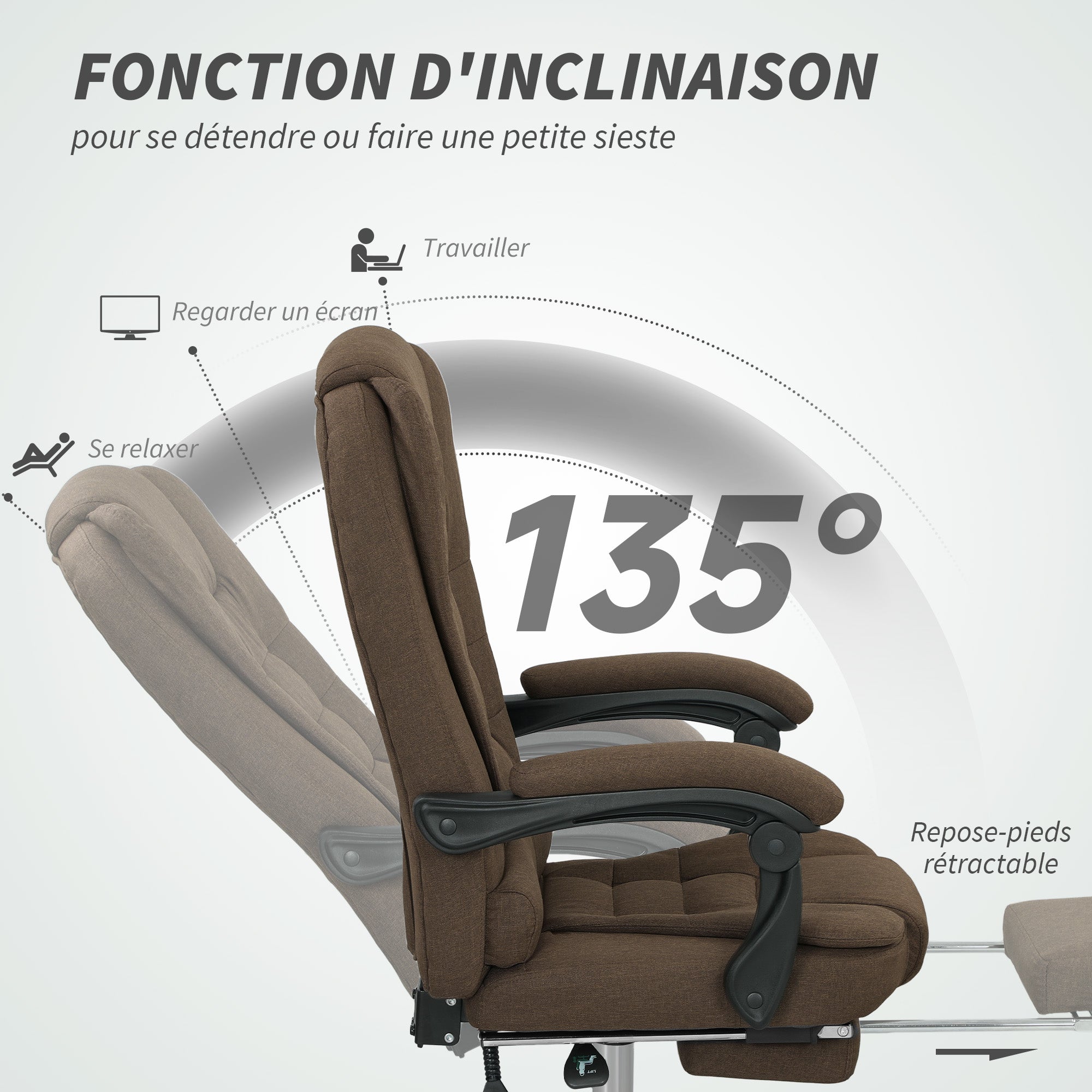 Fauteuil de bureau, chaise de bureau ergonomique avec hauteur réglable, dossier inclinable et repose-pied, tissu aspect lin, pour chambre, télétravail, charge 120 Kg, marron