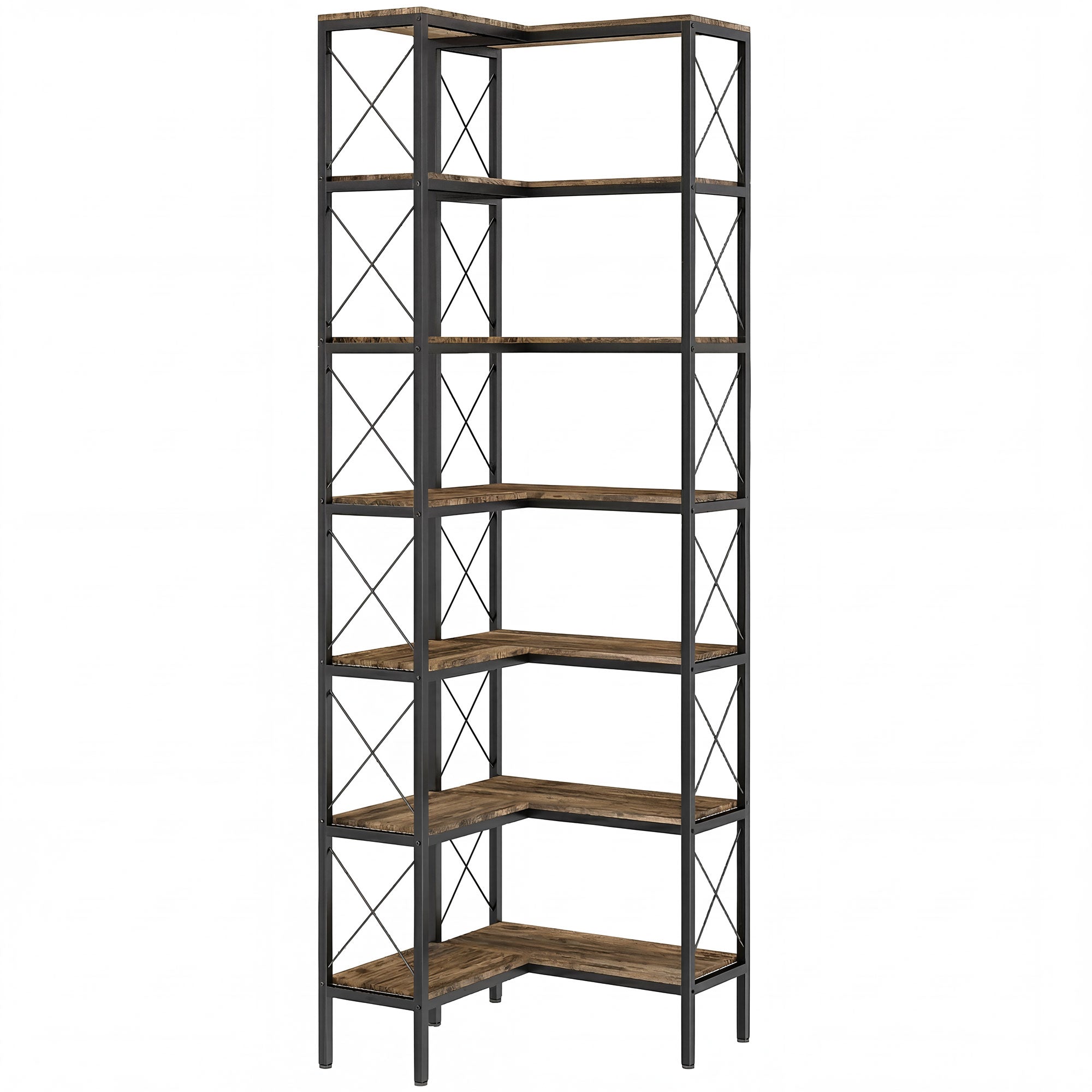 Bibliothèque d'angle à 6 niveaux, étagère à livres, meuble de rangement industriel pour salon, chambre, bureau, cadre en métal, 60 x 60 x 200 cm, brun rustique