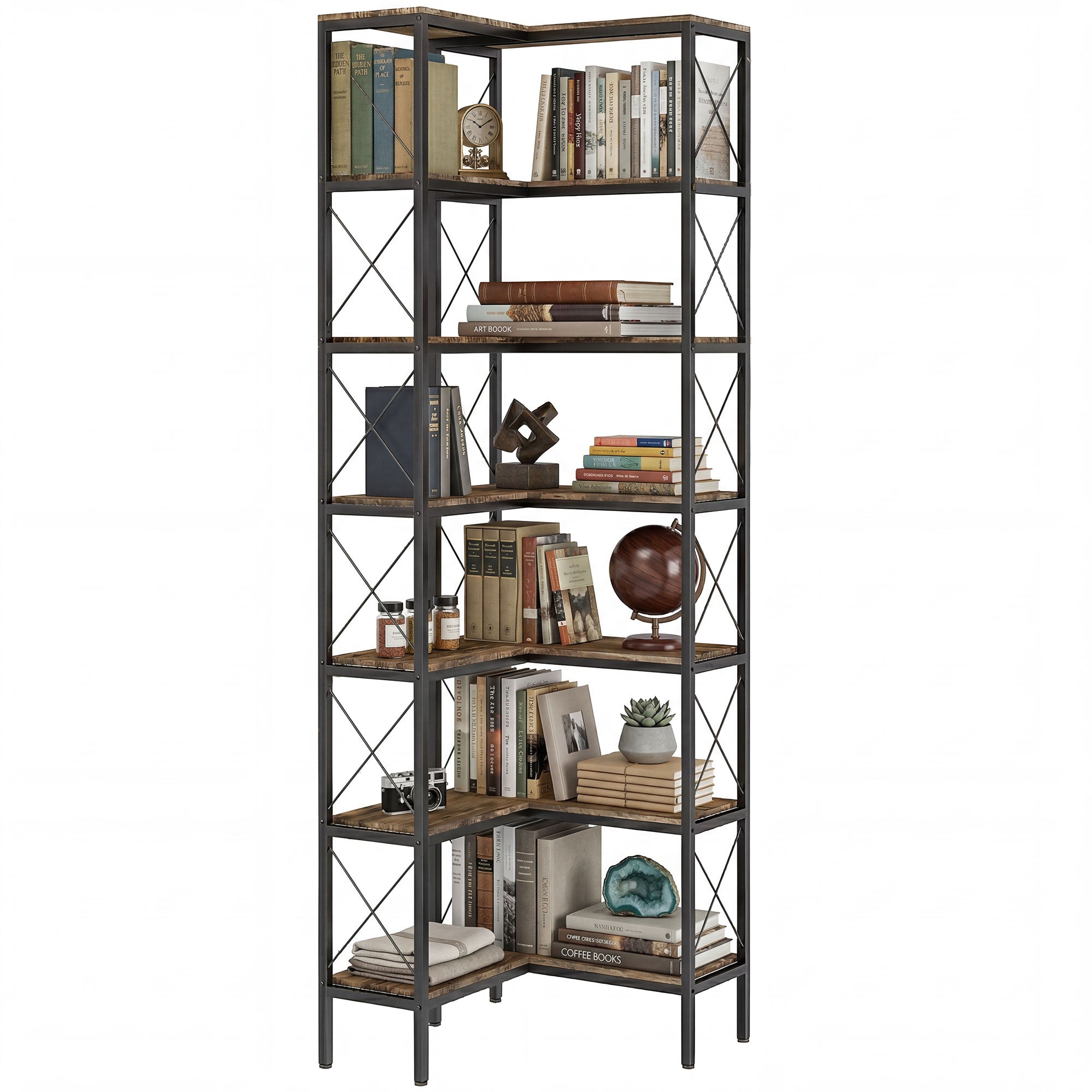 Bibliothèque d'angle à 6 niveaux, étagère à livres, meuble de rangement industriel pour salon, chambre, bureau, cadre en métal, 60 x 60 x 200 cm, brun rustique
