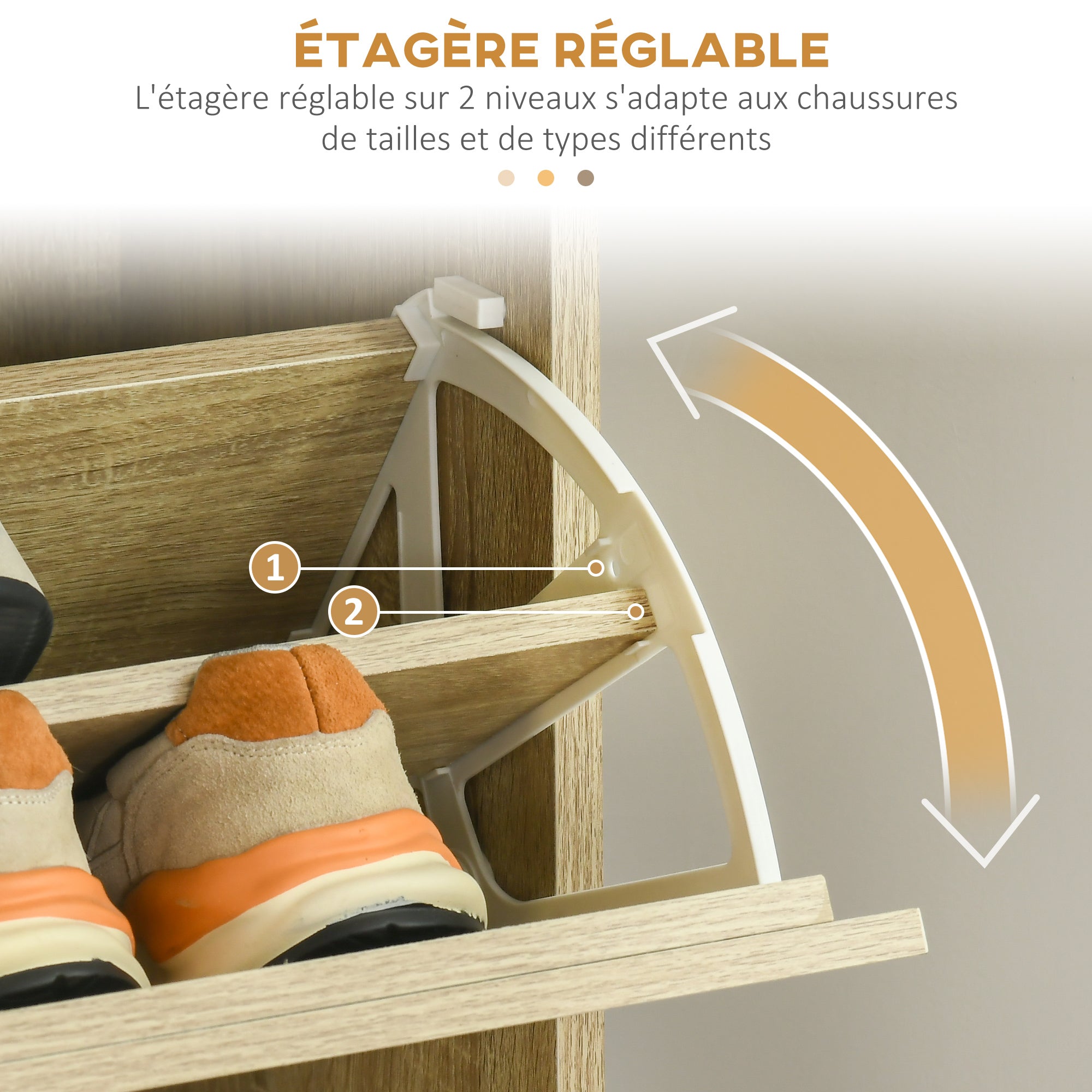 Meuble à chaussures à 3 abattants, 18 paires, armoire à chaussures 3 compartiments, grande capacité pour entrée, couloir, salon, 63 x 24 x 117 cm, chêne