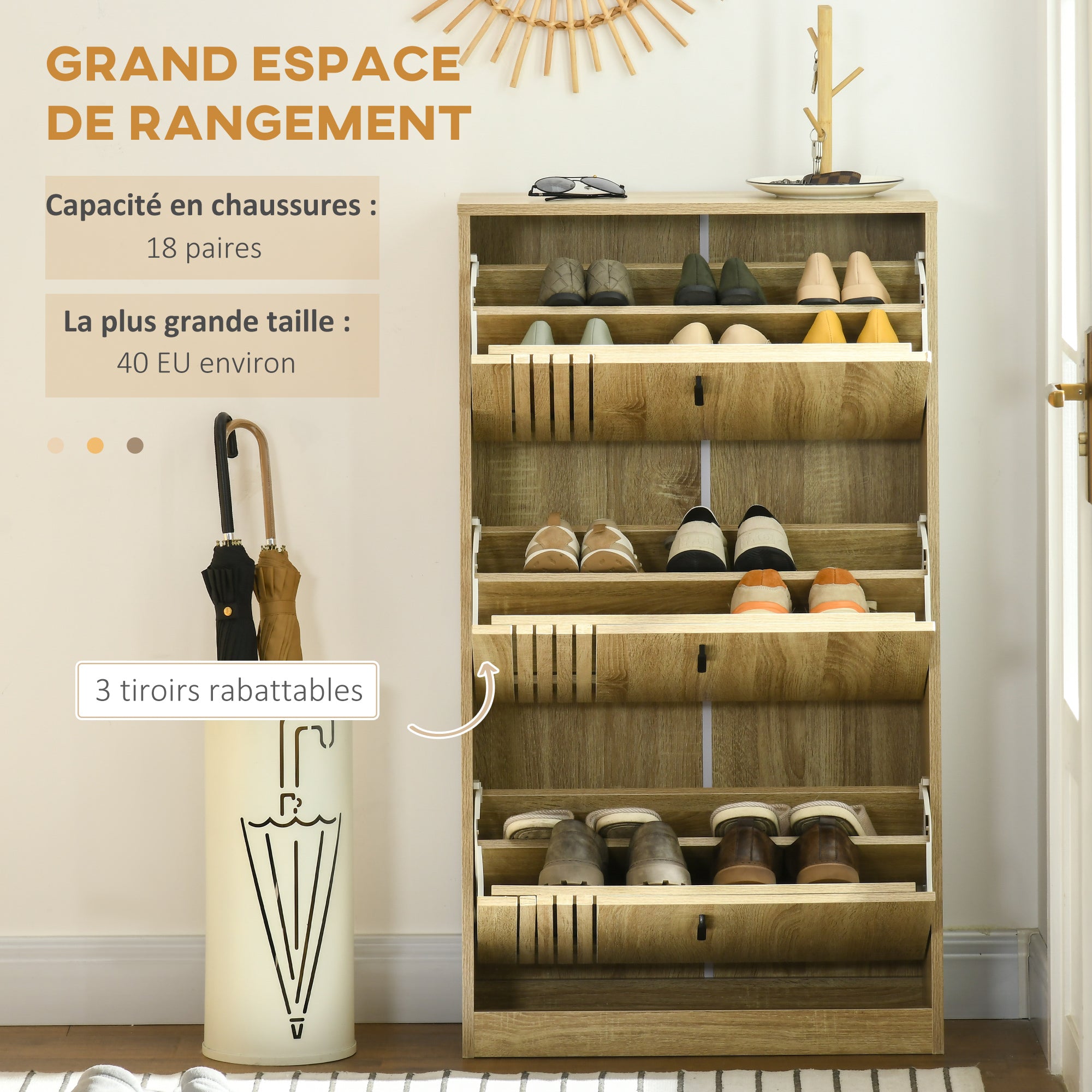 Meuble à chaussures à 3 abattants, 18 paires, armoire à chaussures 3 compartiments, grande capacité pour entrée, couloir, salon, 63 x 24 x 117 cm, chêne